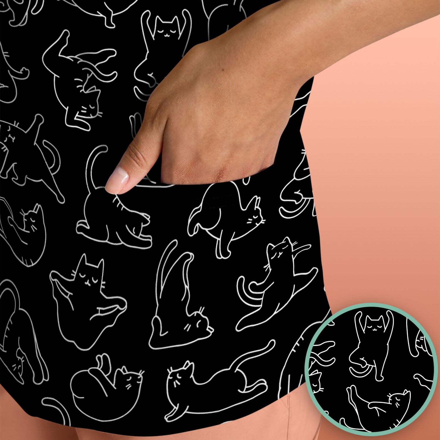 Cute Cat Outline Playing Pattern Scrub Top, Colorful Gothic Nurse Scrubs Uniform