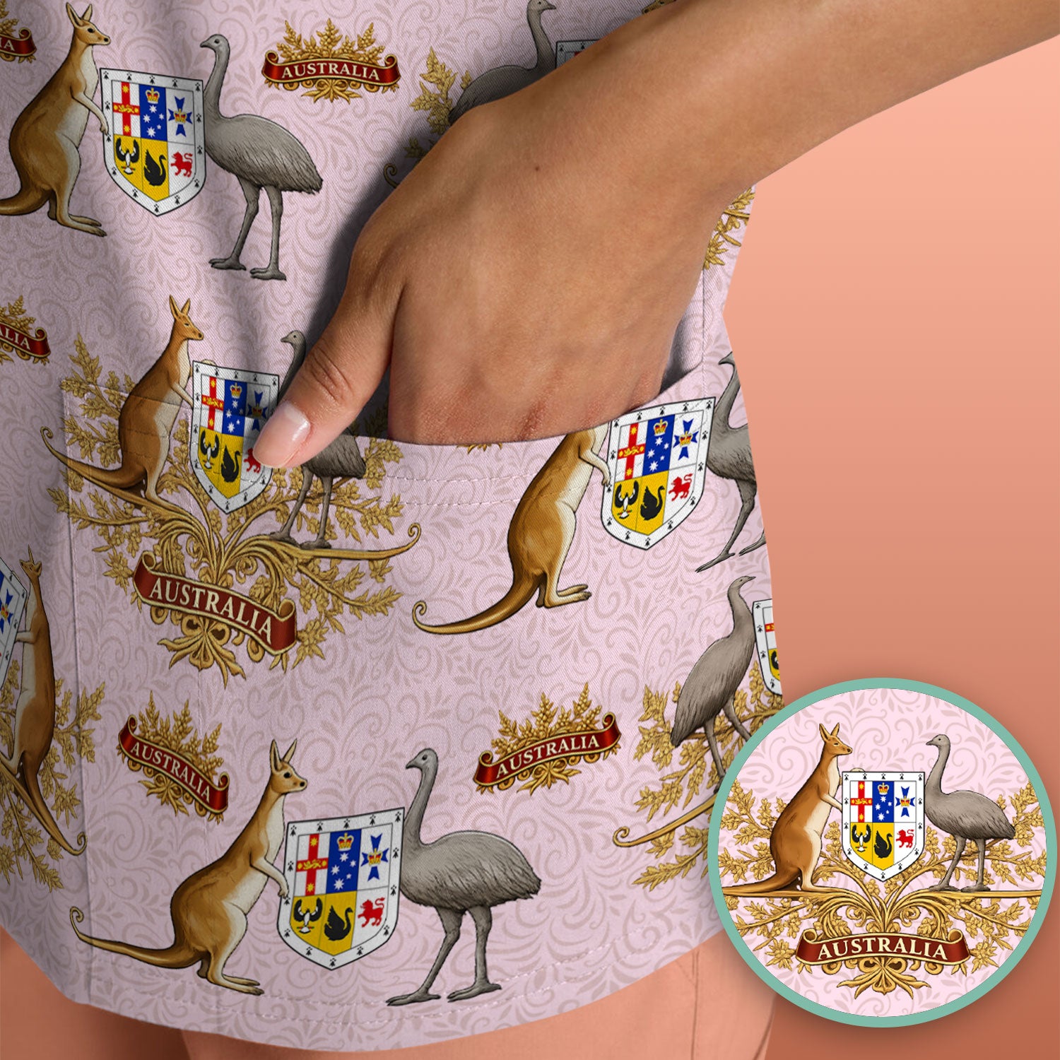 Australian Kangaroo Emu Crest Pattern Scrub Top, Comfortable Scrubs for Nurses