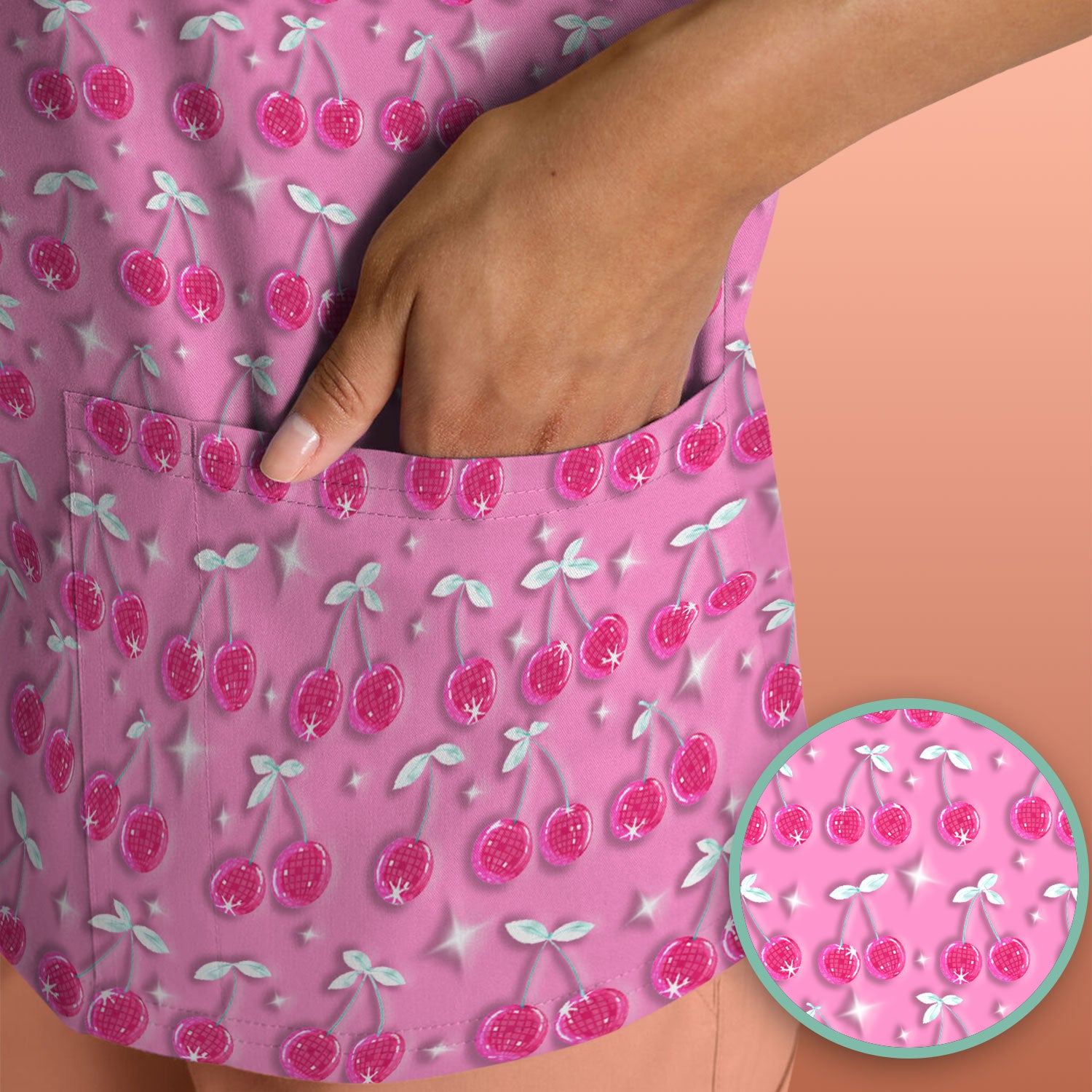 Pink Cherry Sparkle Print Scrub Top, Comfortable Scrubs for Nurses