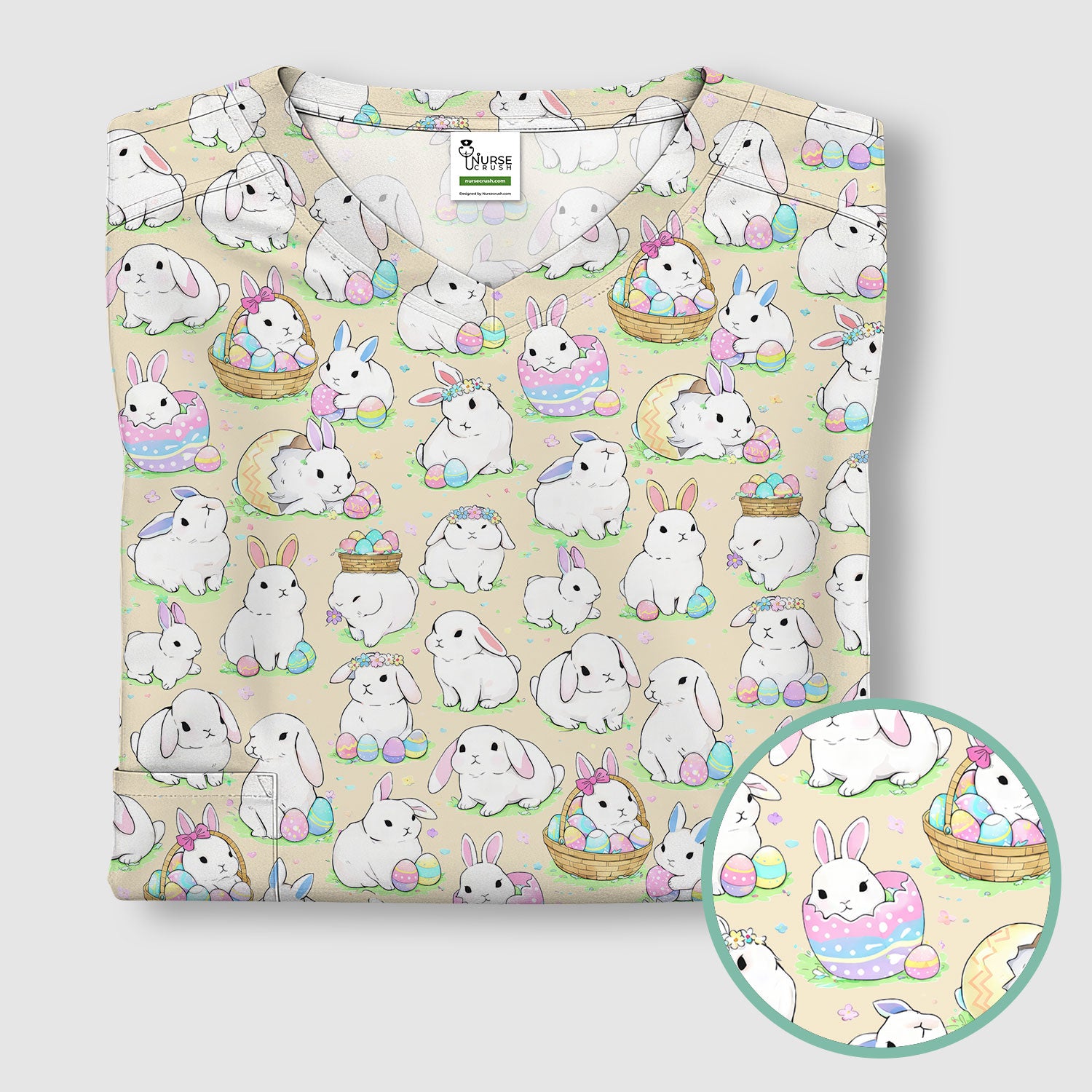 Cute Easter Bunny Egg Pattern Scrub Top, Comfortable Scrubs for Nurses