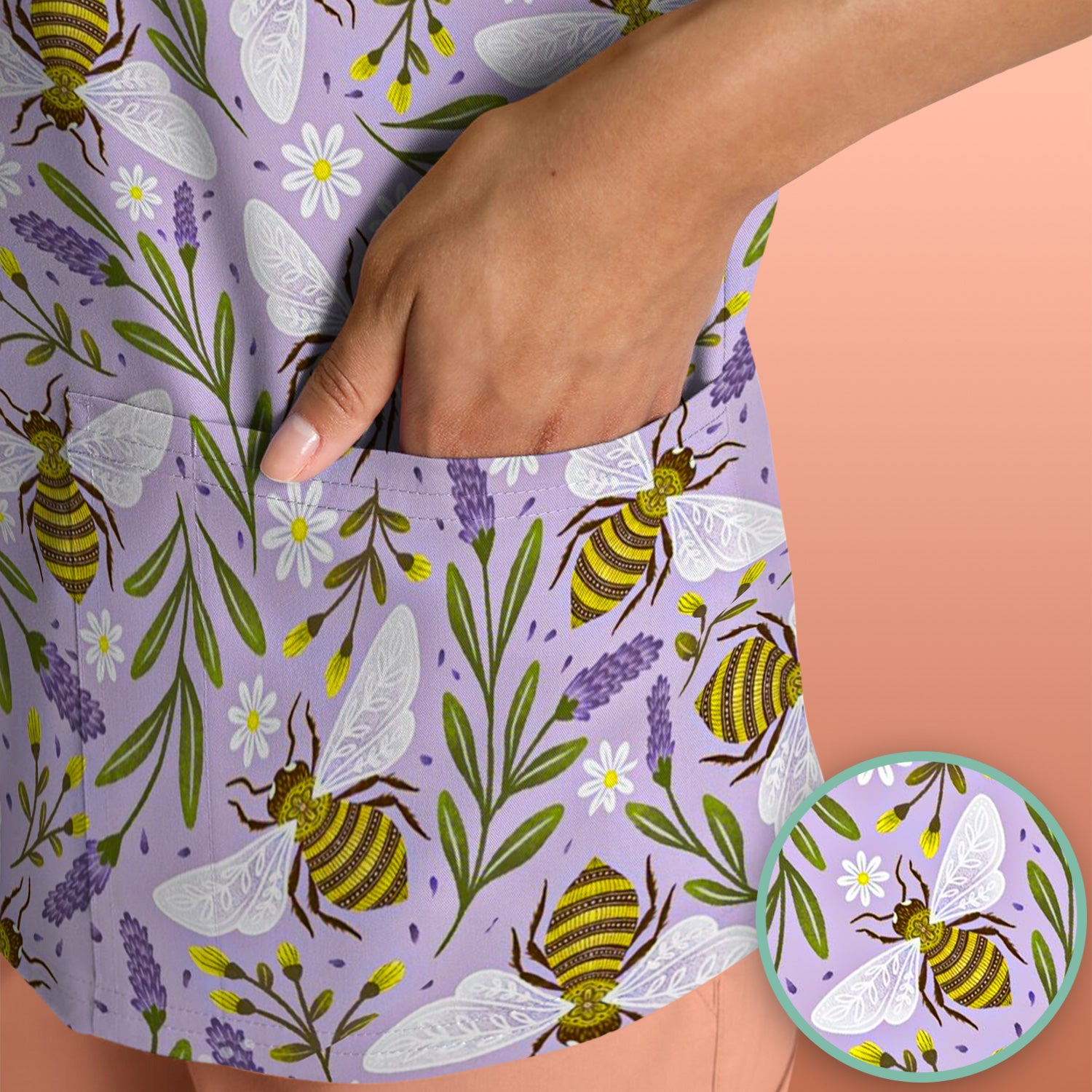 Cute Lavender Bee Floral Pattern Scrub Top, Comfortable Scrubs for Nurses