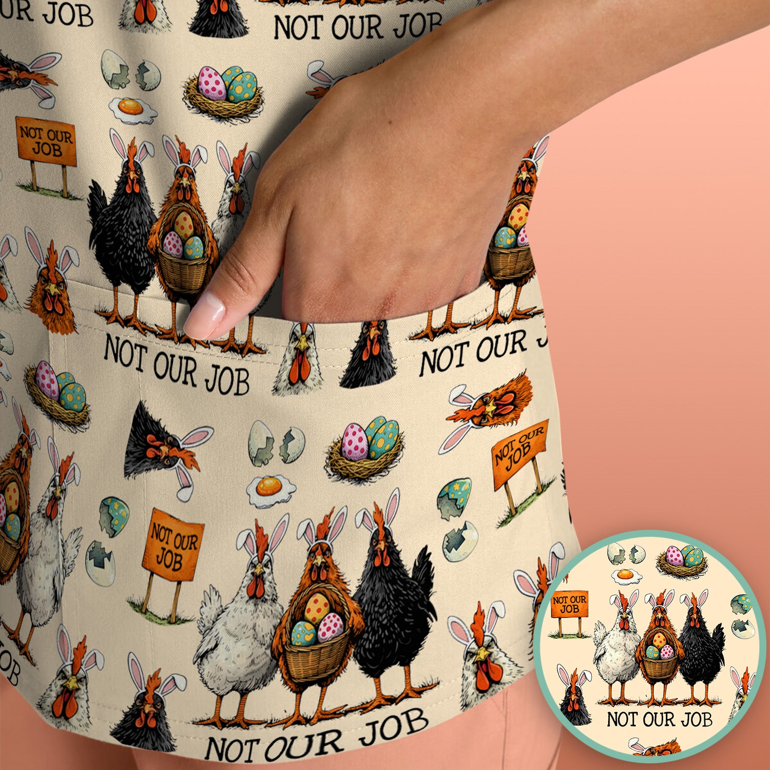Funny Easter Chicken Humor Pattern Scrub Top, Comfortable Scrubs for Nurses