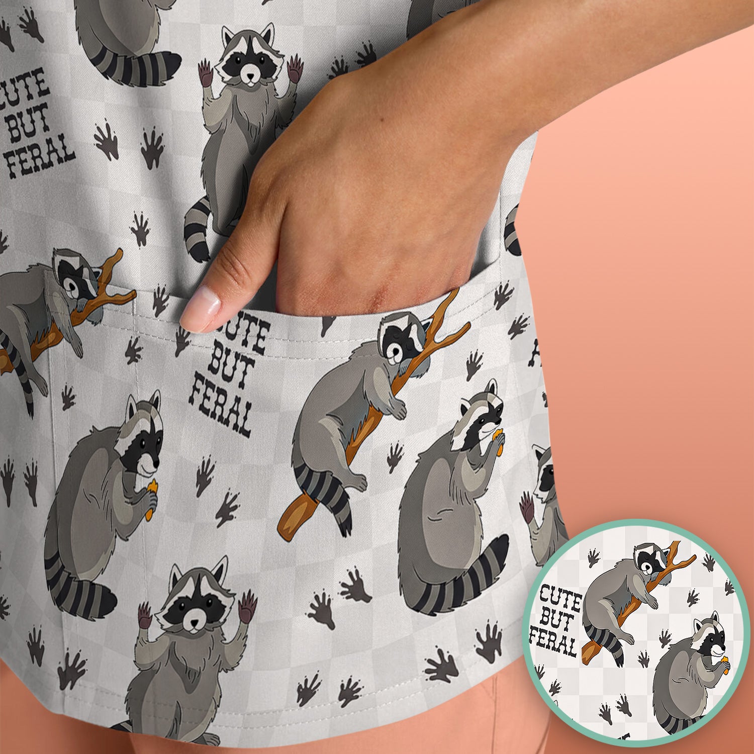 Funny Feral Raccoon Pattern Scrub Top, Comfortable Scrubs for Nurses