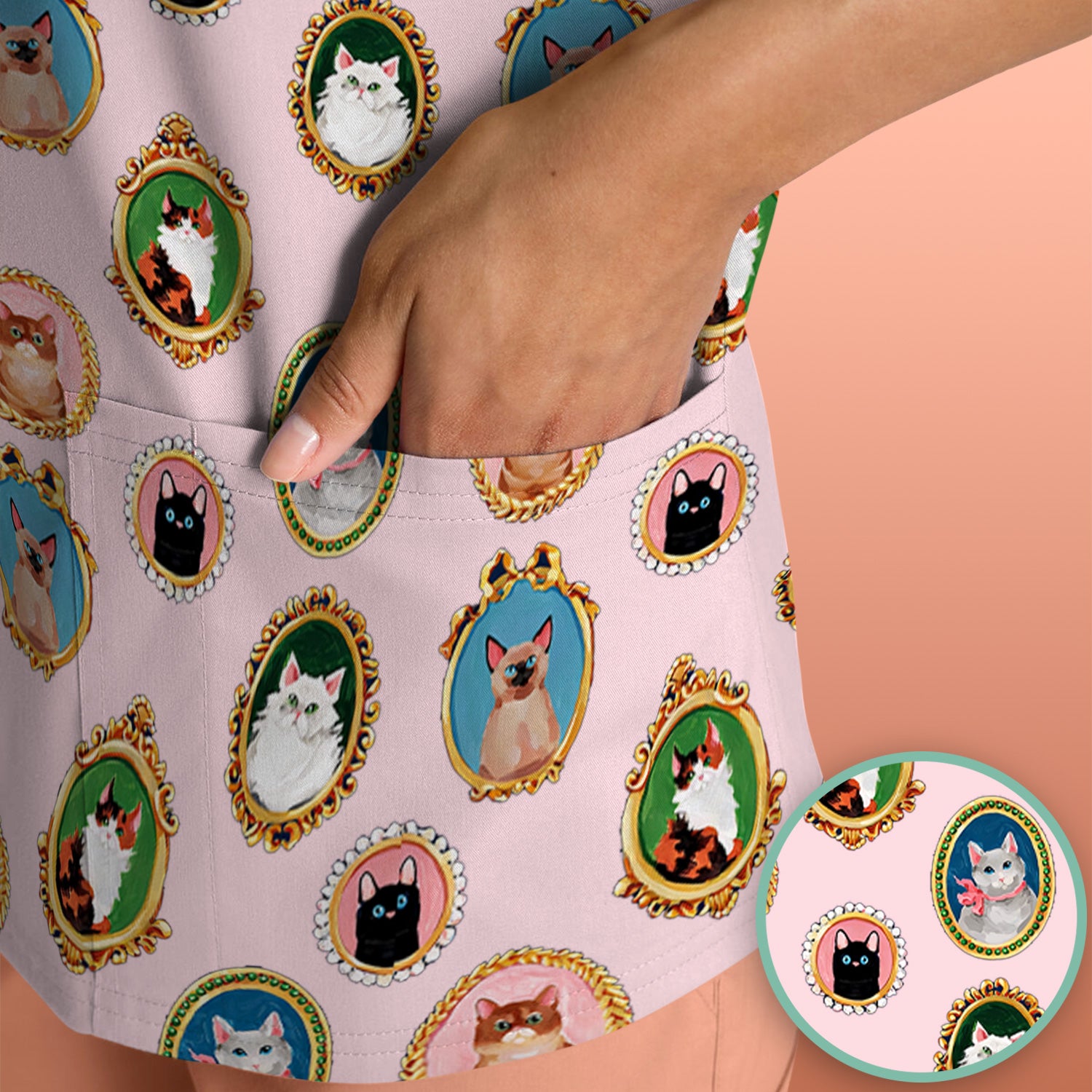 Vintage Cat Portrait Pattern Scrub Top, Breathable Medical Uniform Top