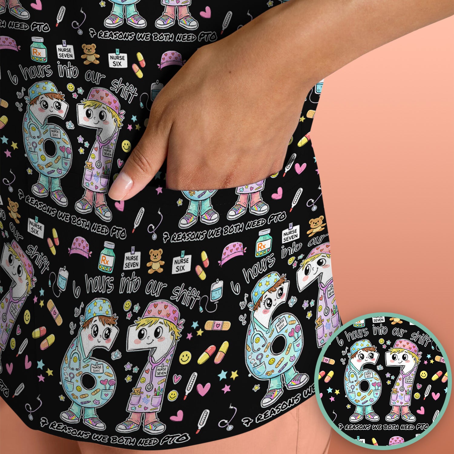 Cartoon Characters Six Hours Into Shift With Medical Doodle Scrub Top, Breathable Fabrics Nursing Uniform