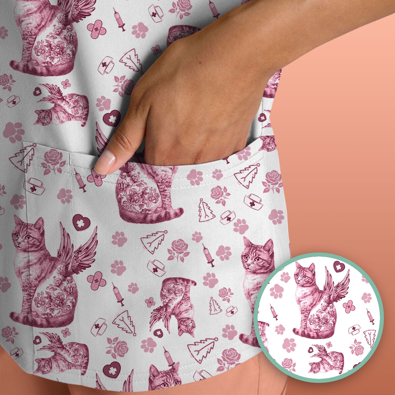 Toile de Jouy Cat Angel Scrub Top - Blue Vintage Nurse Shirt - French Style Medical Uniform for Women RN LPN CNA Gift