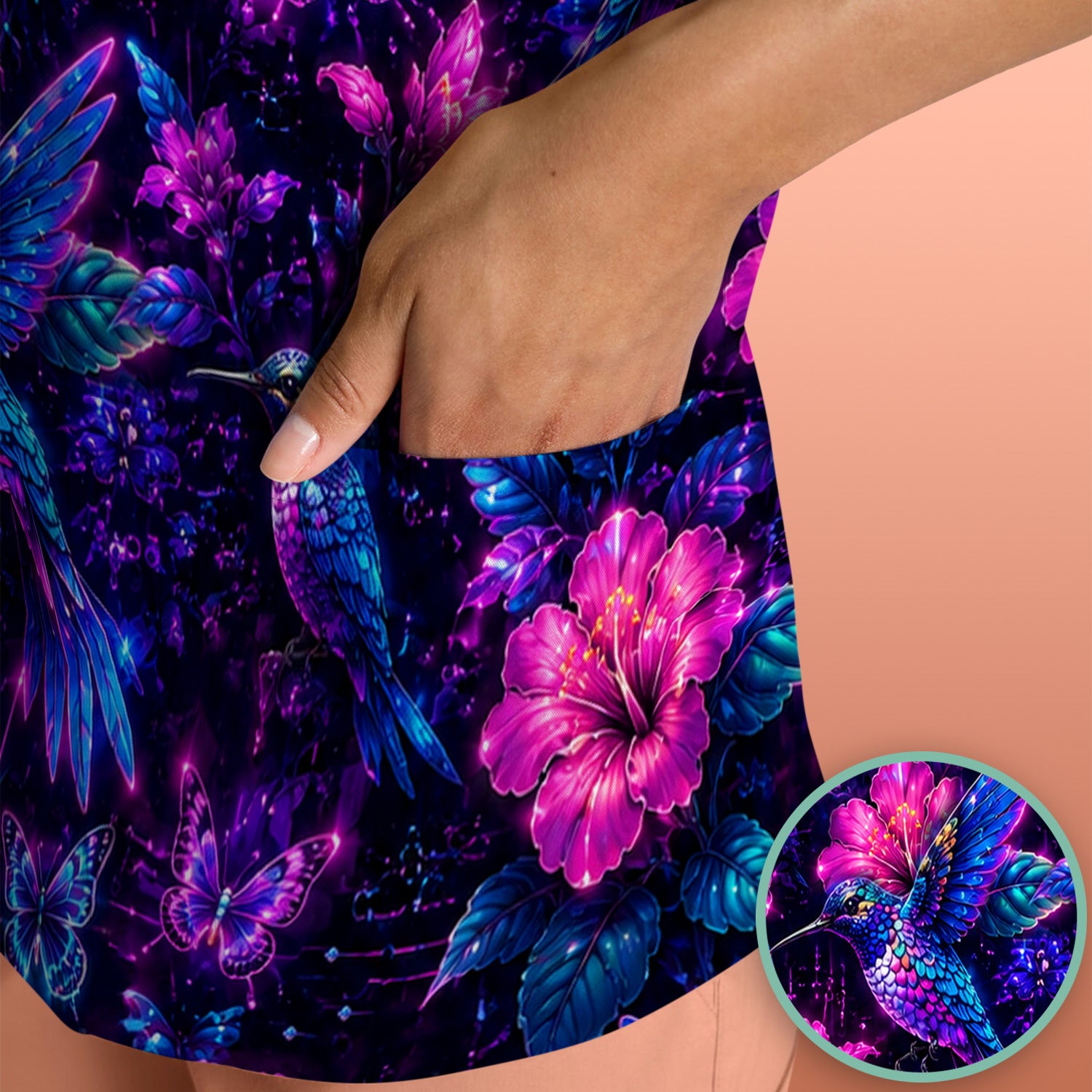Neon Hummingbird Butterfly Bloom Pattern Scrub Top, Comfortable Scrubs for Nurses