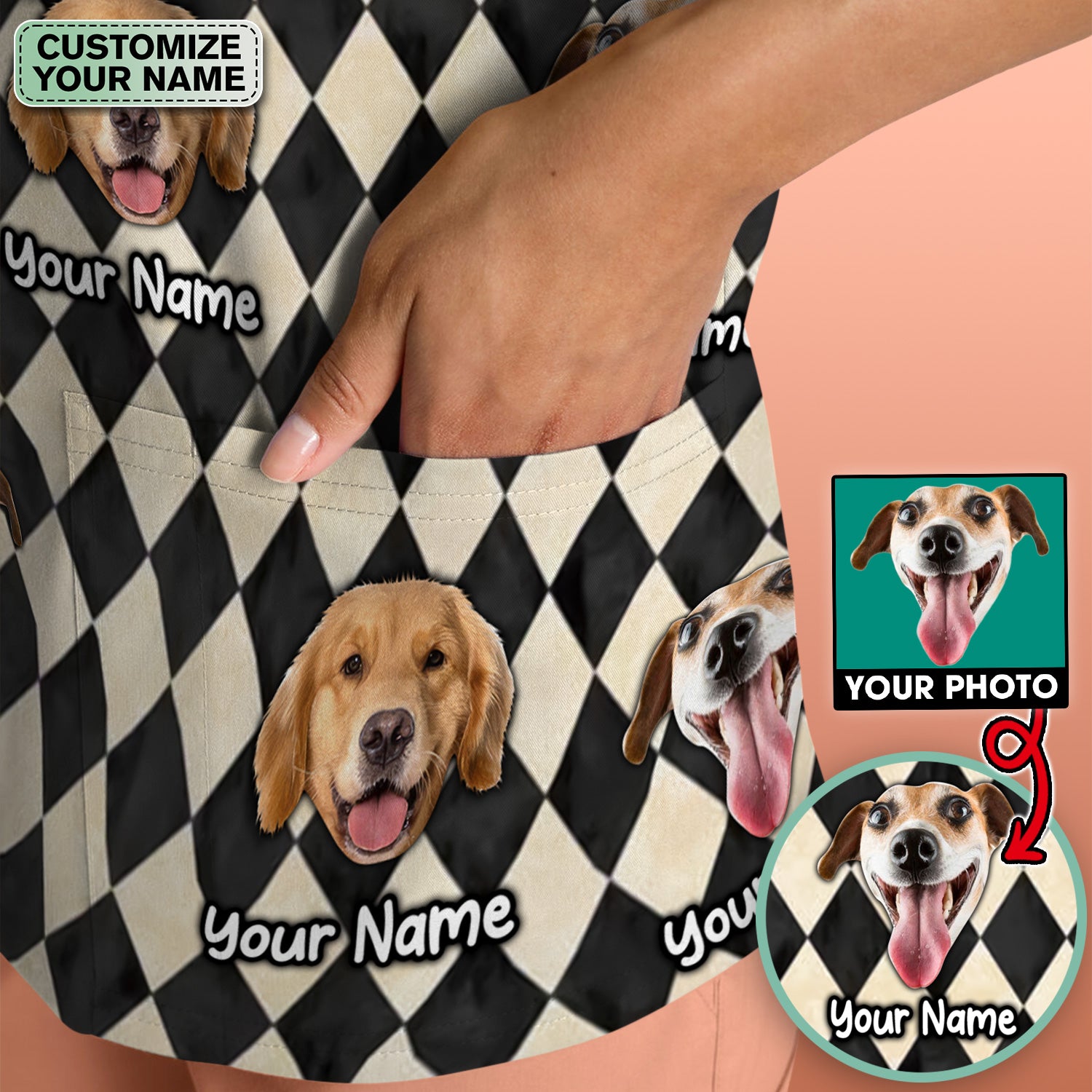 Personalized Pet Portrait Argyle Scrub Top, Comfortable Scrubs for Nurses