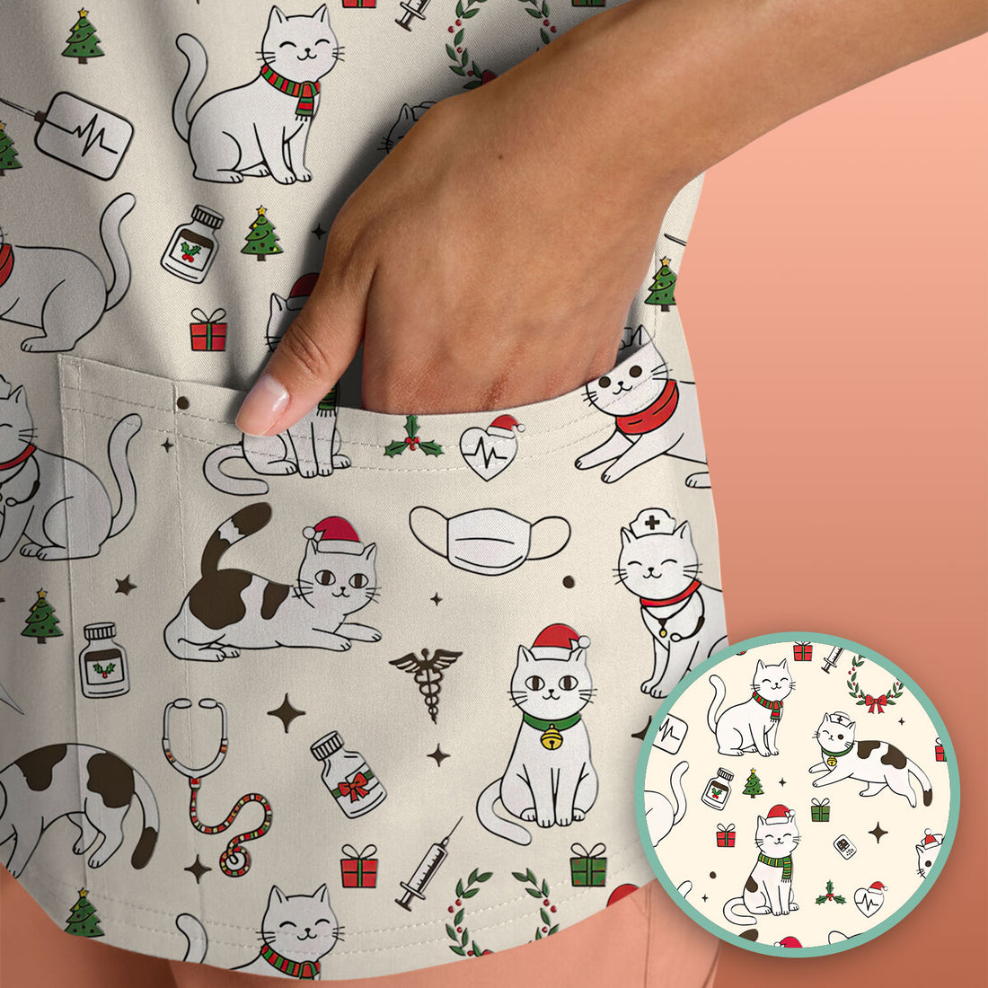 Christmas Cat Scrub Top – Festive Nurse & Holiday Kitty Pattern – Cute Medical Uniform for Nurses, Vets and Healthcare Workers