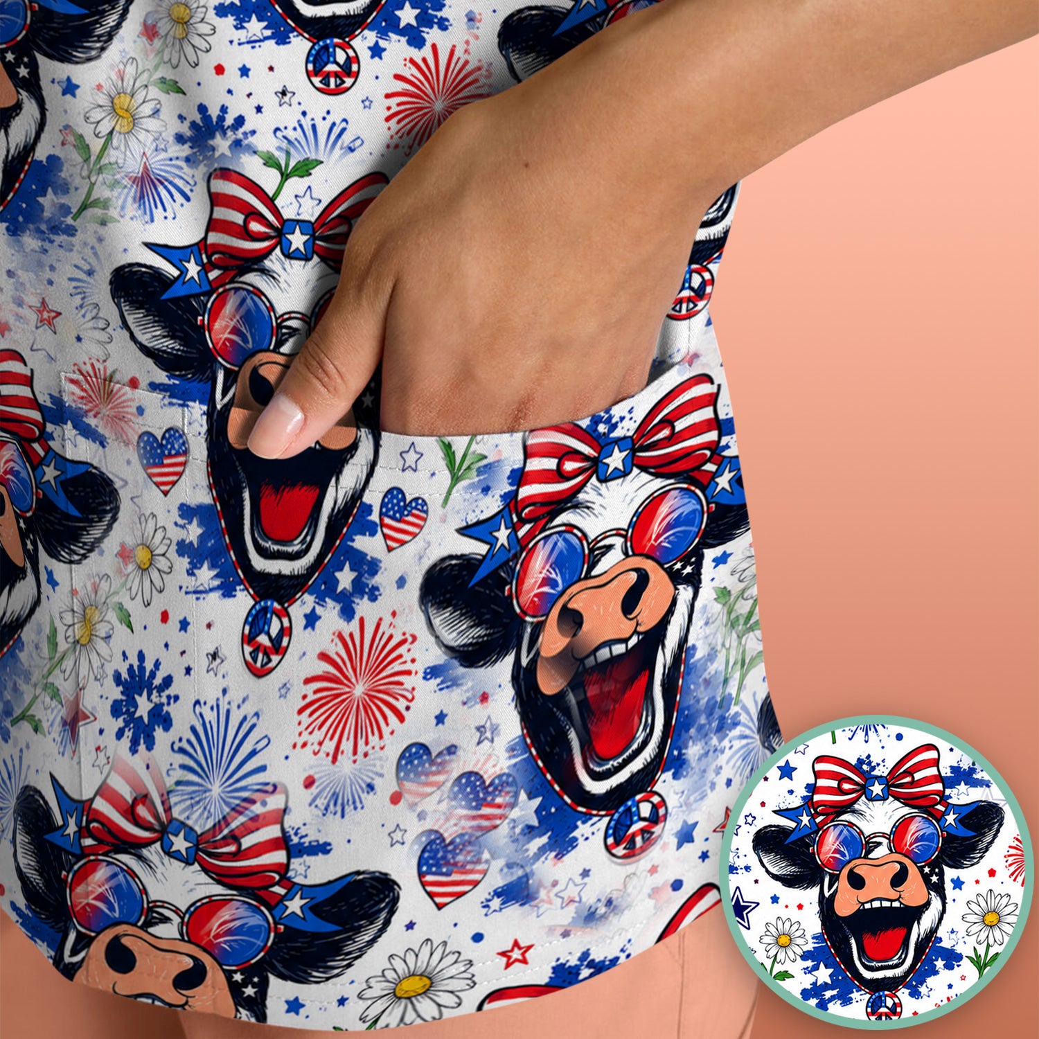 Funny Patriotic Cow Nurse Print Scrub Top, Comfortable Scrubs for Nurses