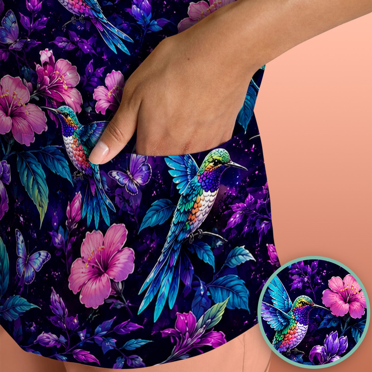 Vibrant Hummingbird Hibiscus Blossom Pattern Scrub Top, Comfortable Scrubs for Nurses