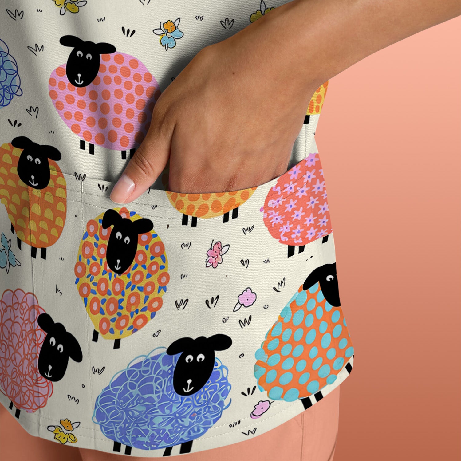 Funny Colorful Sheep Pattern Scrub Top, Comfortable Scrubs for Nurses
