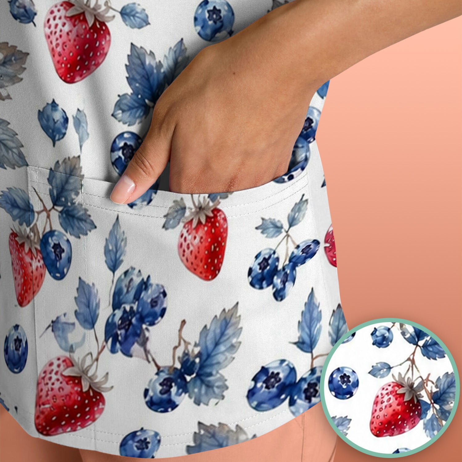 Cute Strawberry & Blueberry Leaf Pattern Scrub Top, Comfortable Scrubs for Nurses