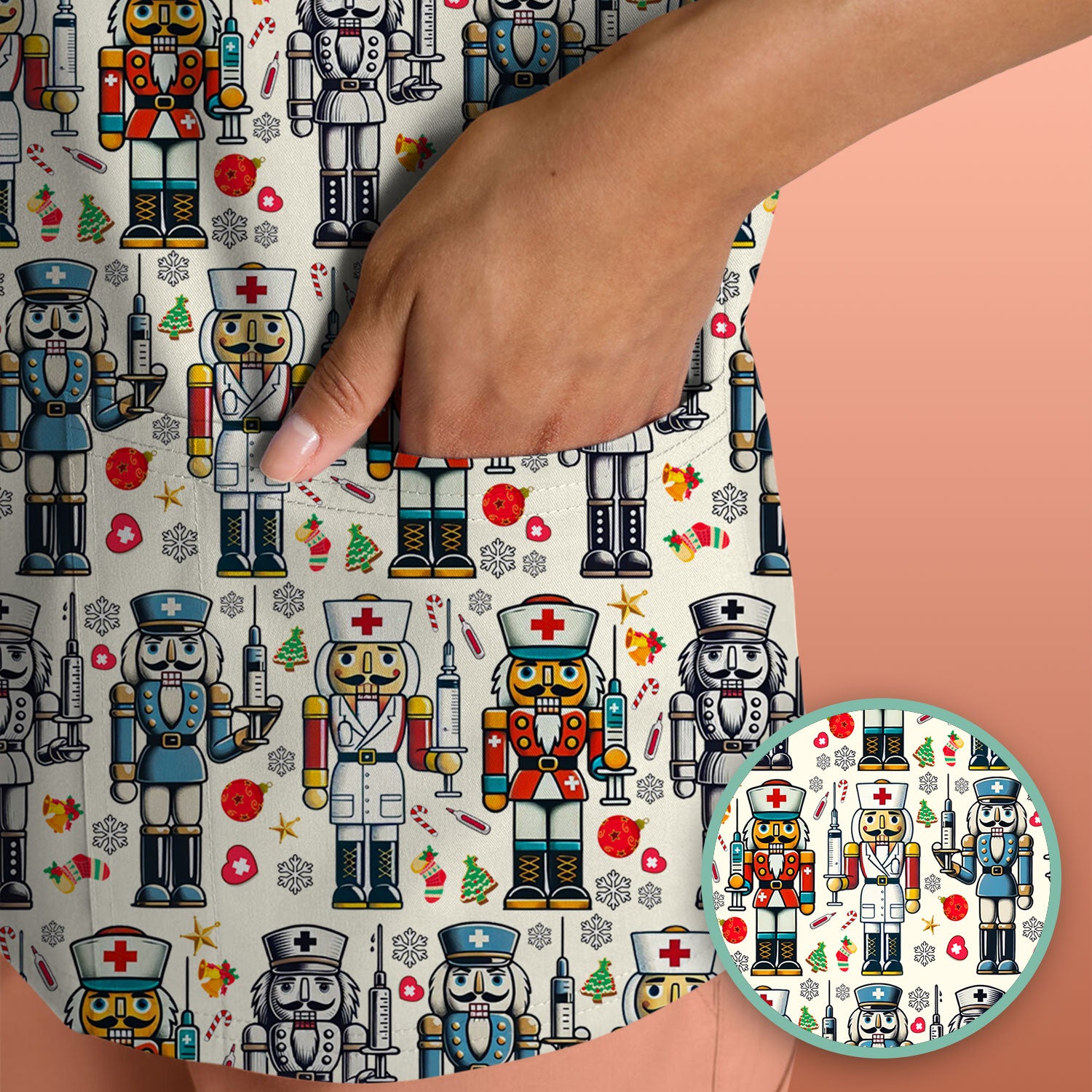 Funny Nutcracker Christmas Scrub Top – Cute Holiday Nurse Pattern Shirt – Festive Medical Uniform for RN, LPN, CNA, and Healthcare Workers