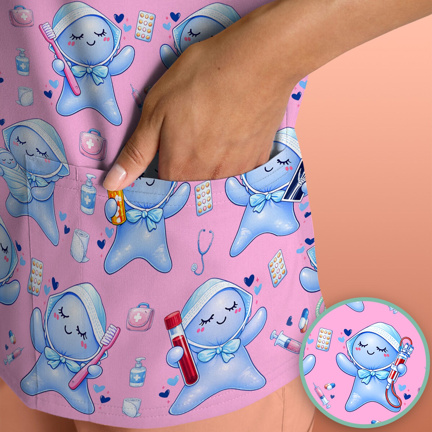 Cute Tooth Character Dental Tools Caring Pattern Scrub Top, Breathable Fabrics Nursing Uniform