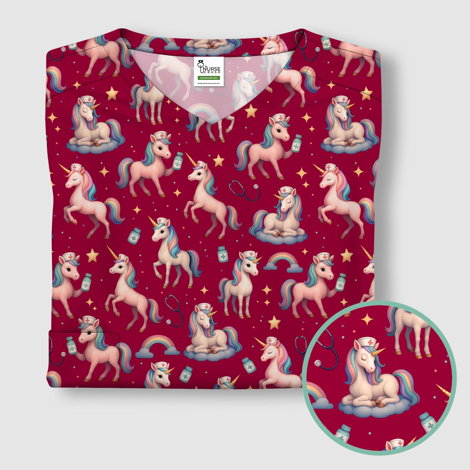 Unicorn Pattern Nurse Scrub Top - Pastel Rainbow Medical Shirt - Cute Fantasy Scrubs Gift for RN LPN CNA Healthcare Staff