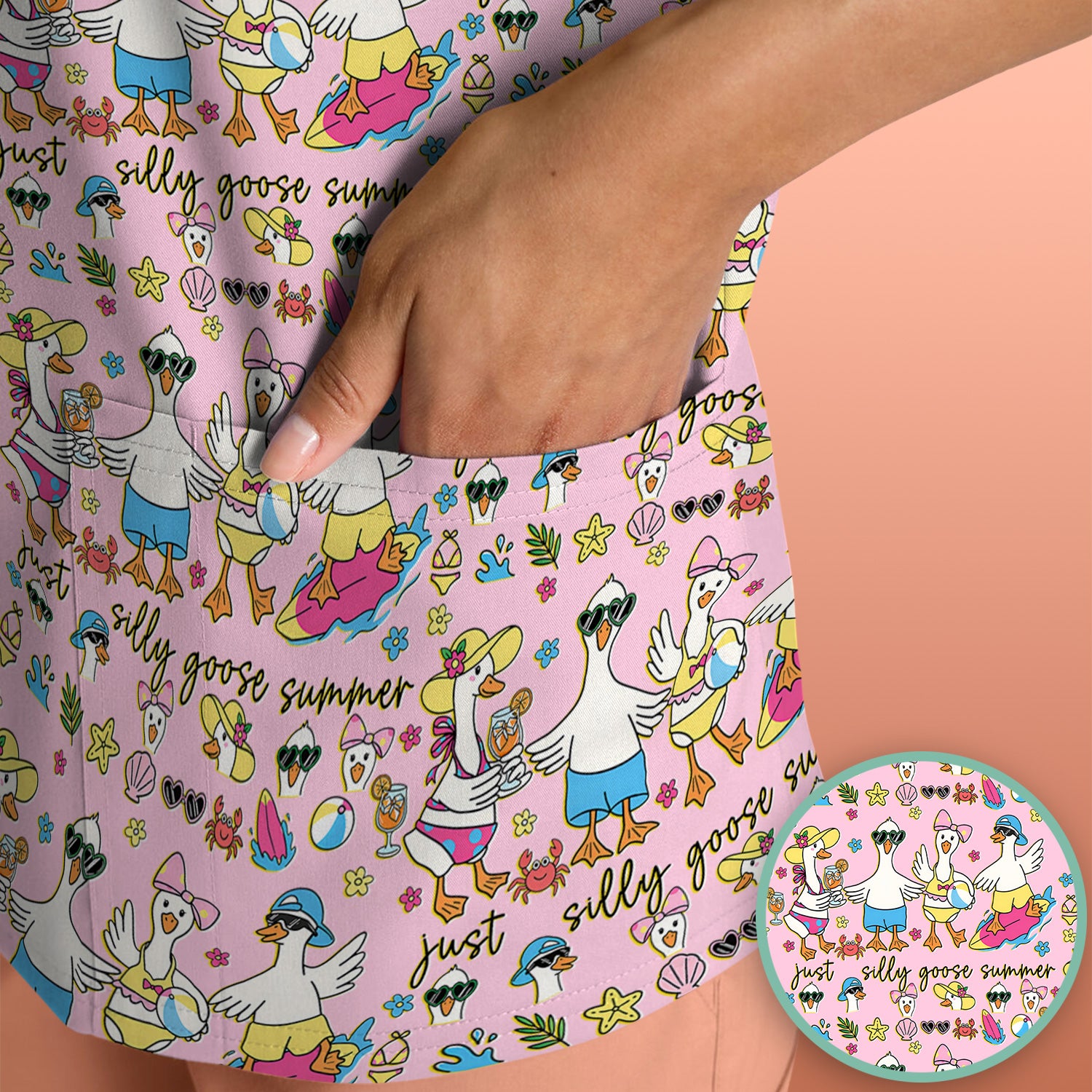 Silly Goose Summer Pattern Scrub Top, Breathable Fabrics Nursing Uniform