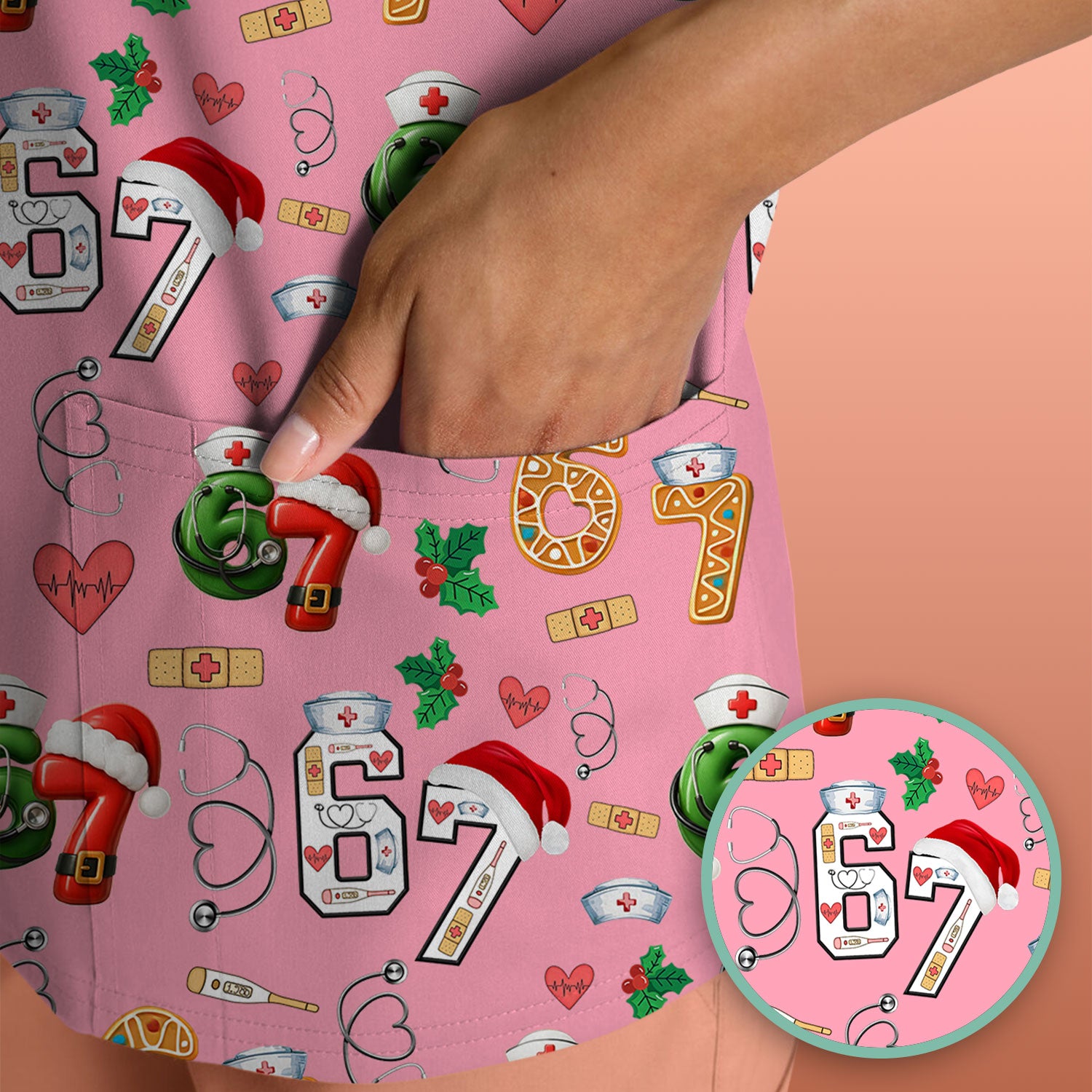 Christmas Nurse 67 Pattern Scrub Top, Cute Holiday Medical Shirt With Santa Hat, Uniform For Nursing