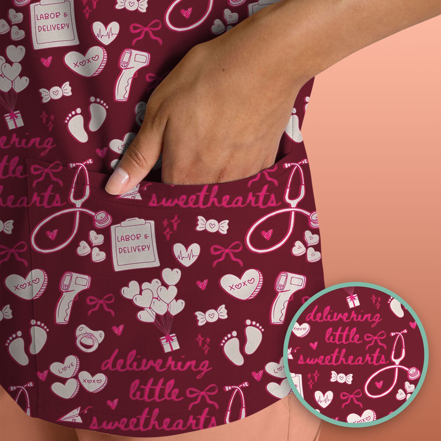 Valentine Labor And Delivery Scrub Top, XOXO Pattern Scrub Shirt, Breathable Fabrics Nursing Uniform For Women