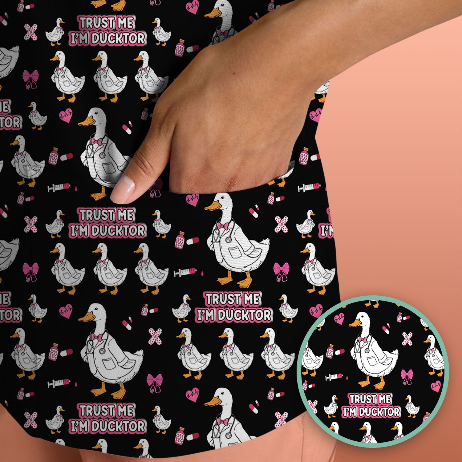 Trust Me I'm Ducktor Scrub Top, Funny Duck Pattern Scrub Shirt, Breathable Fabrics Nursing Uniform For Women