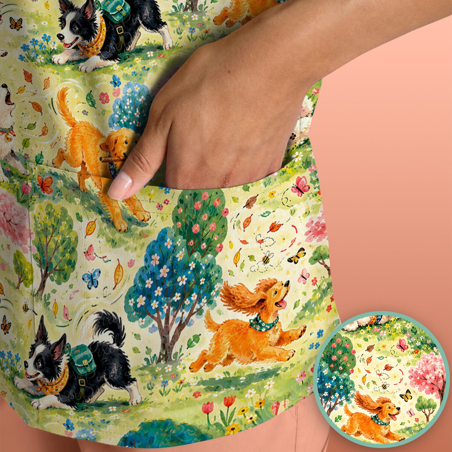 Playful Spring Garden Dogs Pattern Scrub Top, Comfortable Scrubs for Nurses