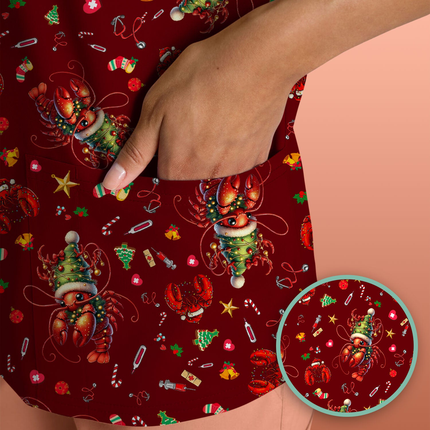 Whimsical Crawfish Christmas Scrub Top – Southern Christmas Cajun Holiday Crawfish Pattern – Cute Medical Uniform for Nurses, Vets And Healthcare Workers