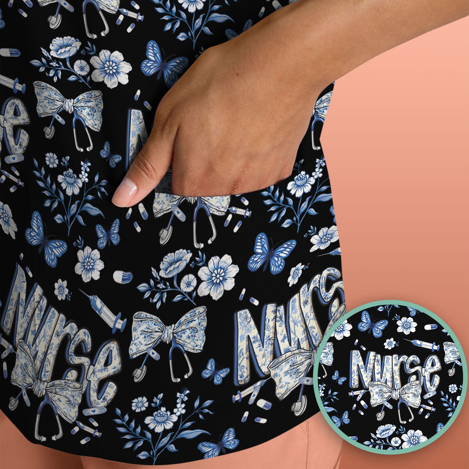 Blue Nurse Letter Bow Butterfly Floral Print Scrub Top, Comfortable Scrubs for Nurses