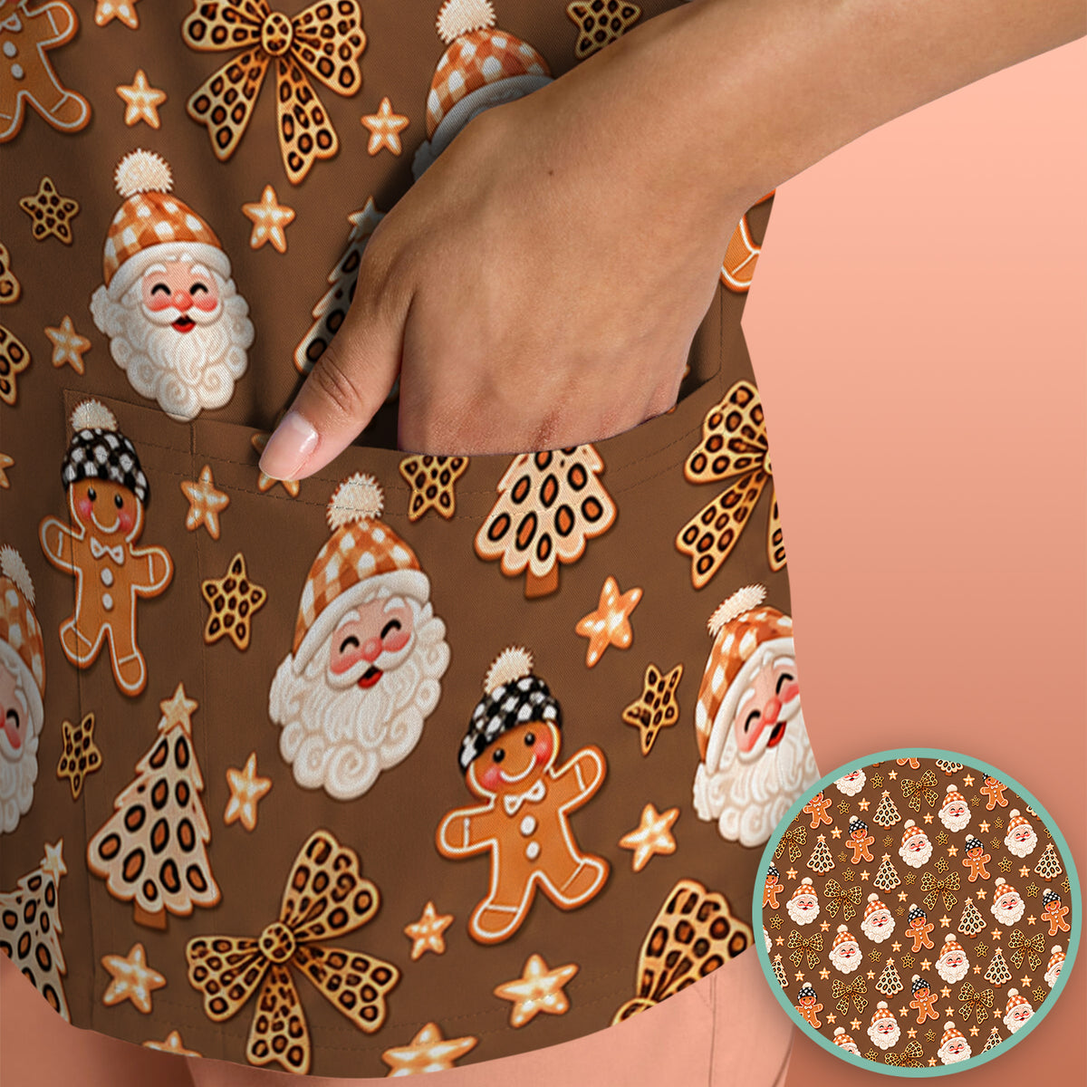 Funny Christmas Cat Baking Biscuits Pattern Scrub Top, Comfortable Scrubs for Nurses