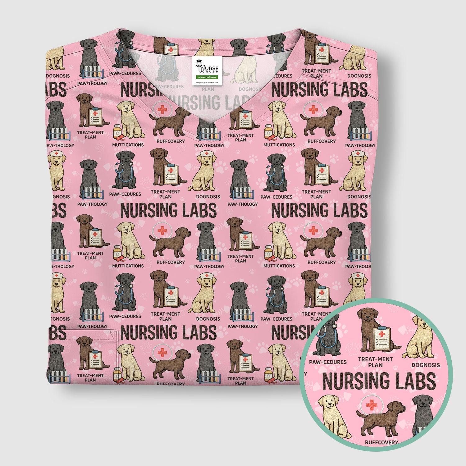 Playful Nursing Labs Dog Pattern Scrub Top, Comfortable Scrubs for Nurses