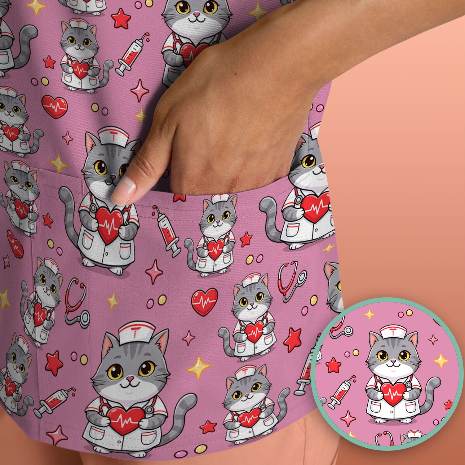 Cute Nurse Cat Heart Medical Print Scrub Top, Comfortable Scrubs for Nurses