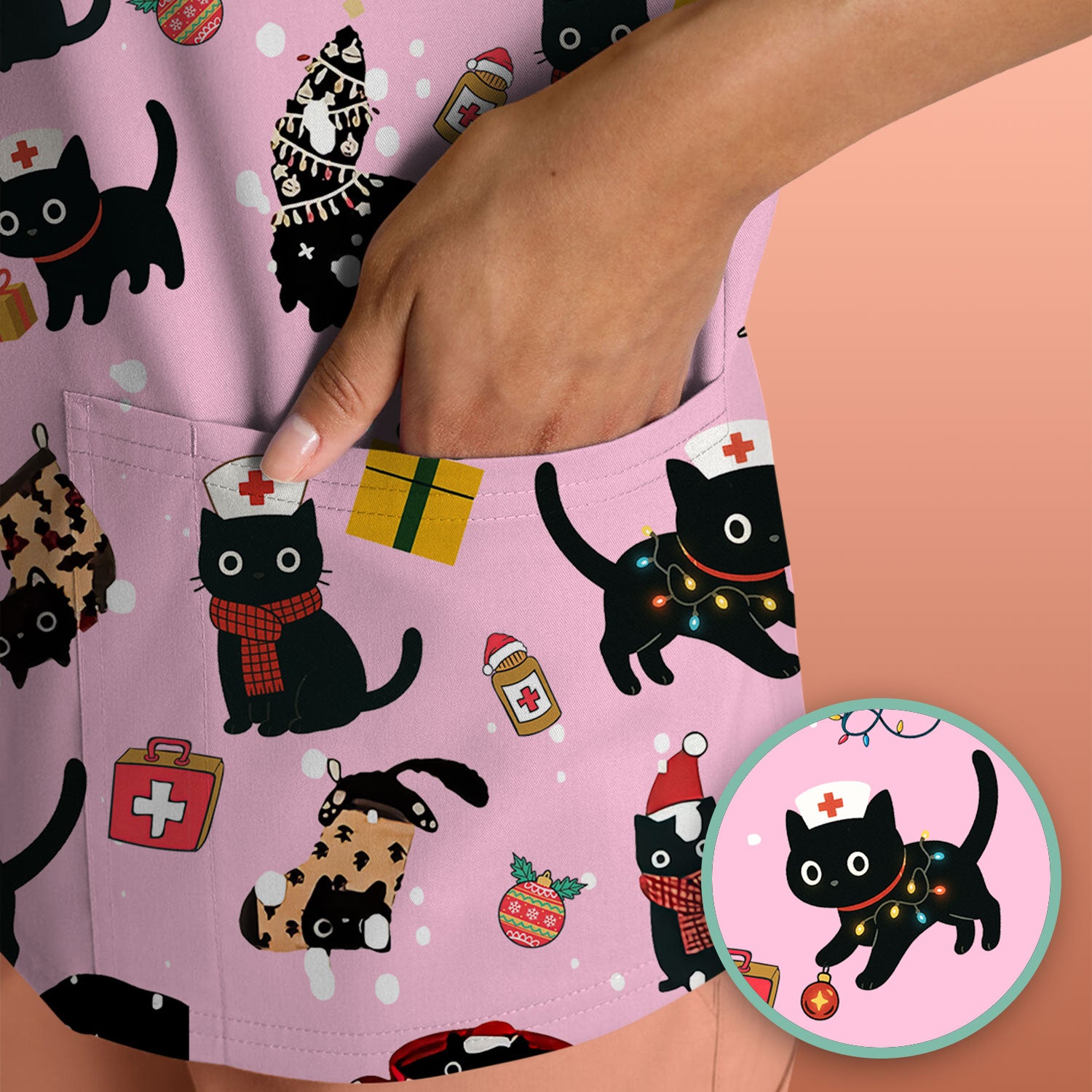 Christmas Cat Scrub Top for Nurse - Funny Black Cats Shirt - Cute Holiday Medical Uniform for Women