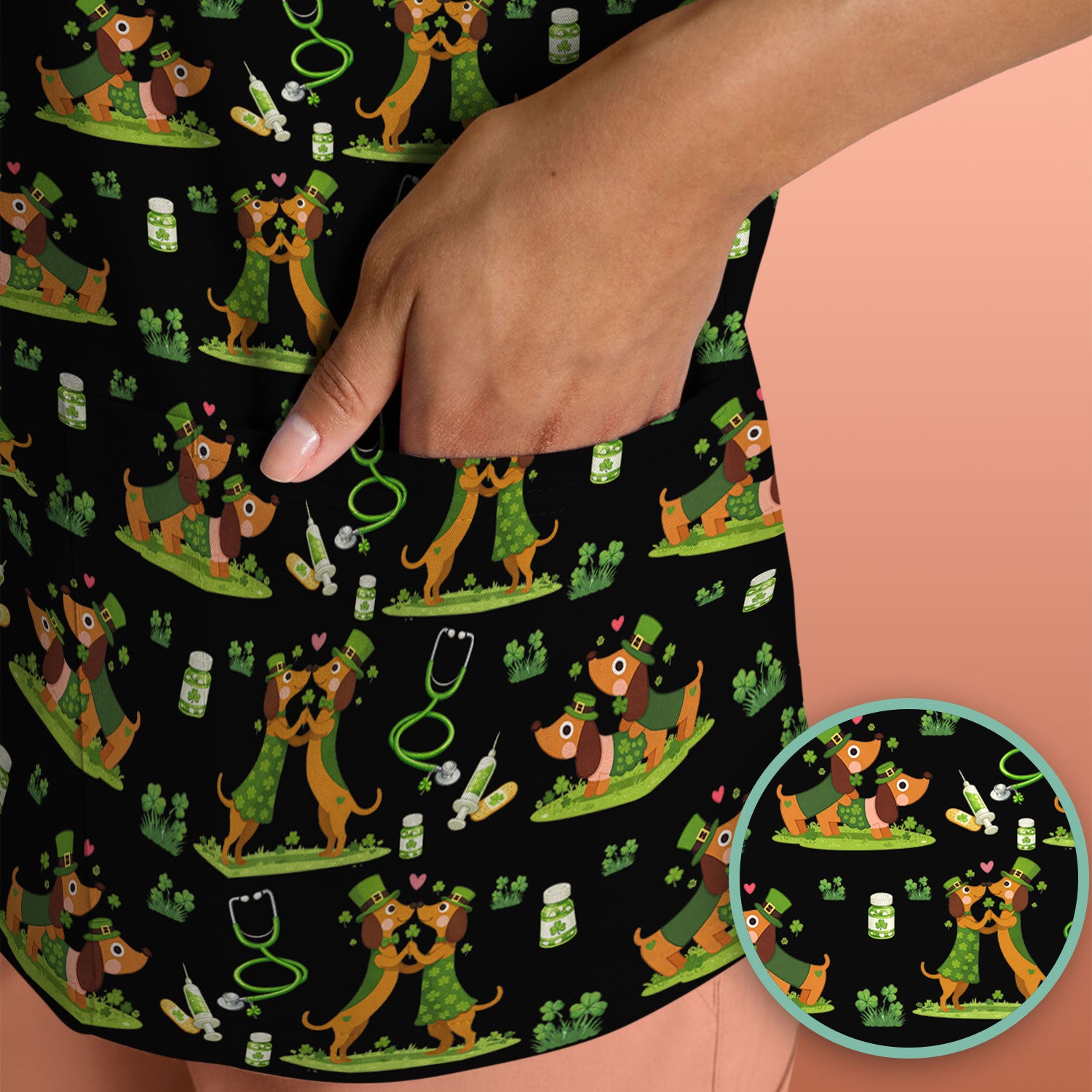 Valentine Cute Dachshund Nurse Shirt, Dog Heart Pattern, Comfortable Scrubs for Nurses