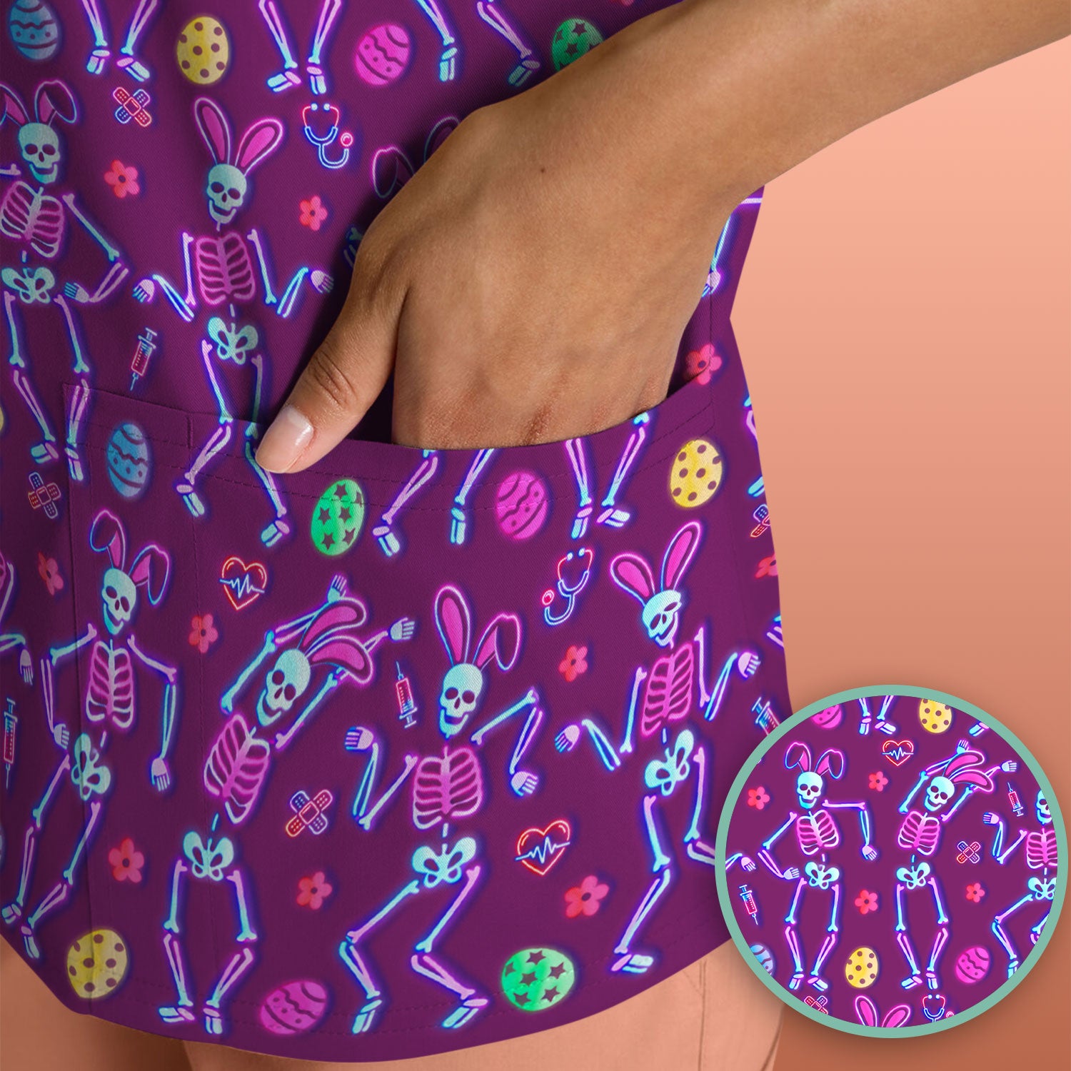 Neon Easter Skeleton Pattern Scrub Top, Comfortable Scrubs for Nurses