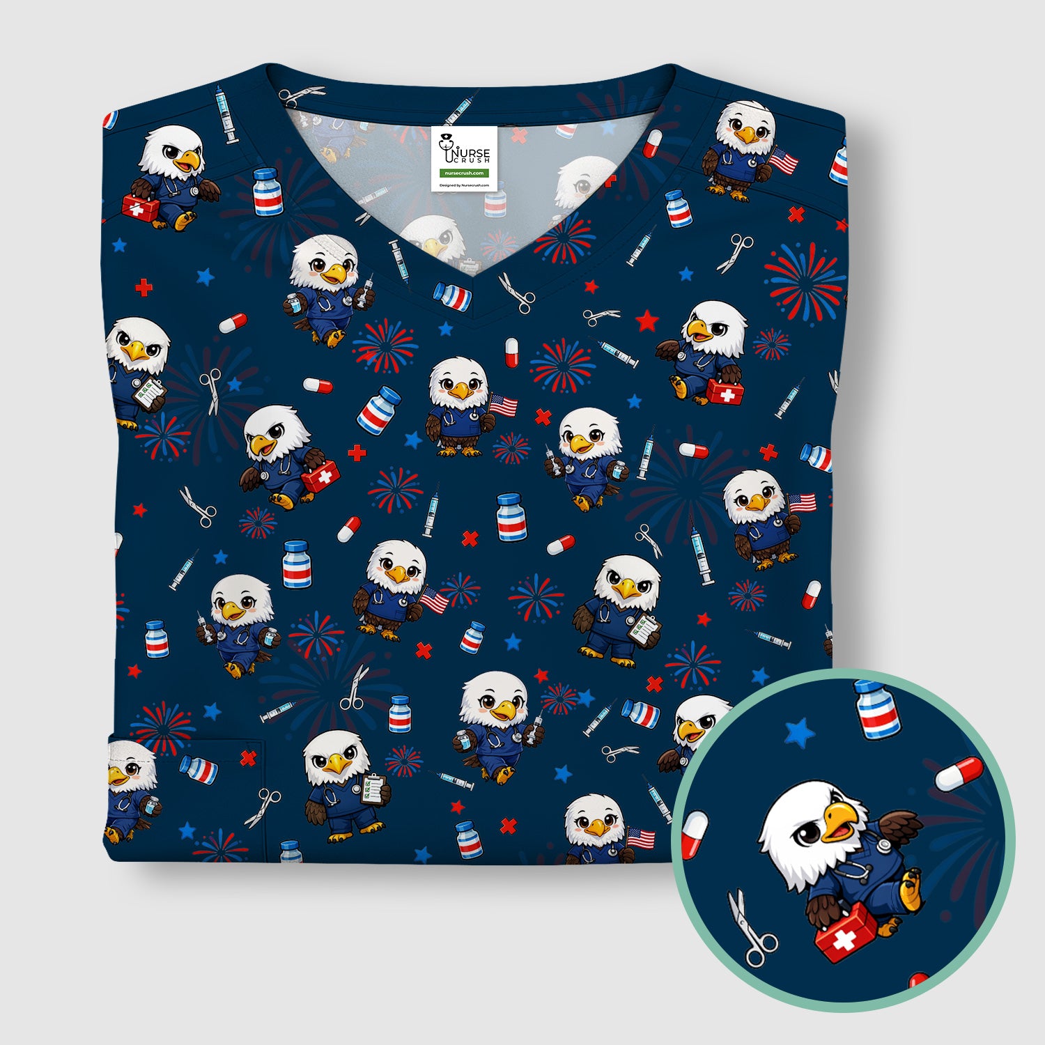 Patriotic Nurse Eagle Fireworks Medical Pattern Scrub Top, Breathable Fabrics Nursing Uniform