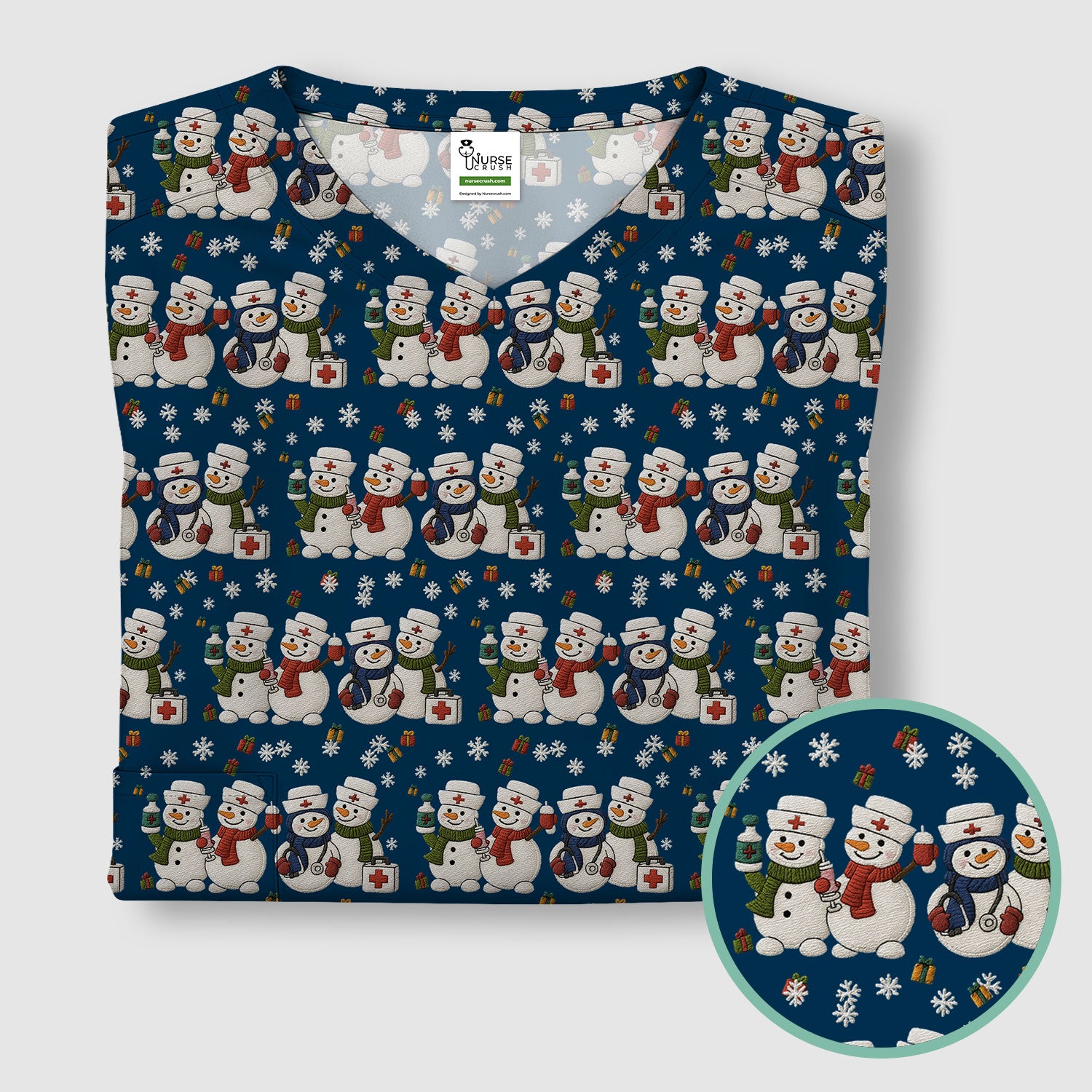 Cute Christmas Snowman Nurse Pattern Scrub Top, Breathable Fabrics Nursing Uniform