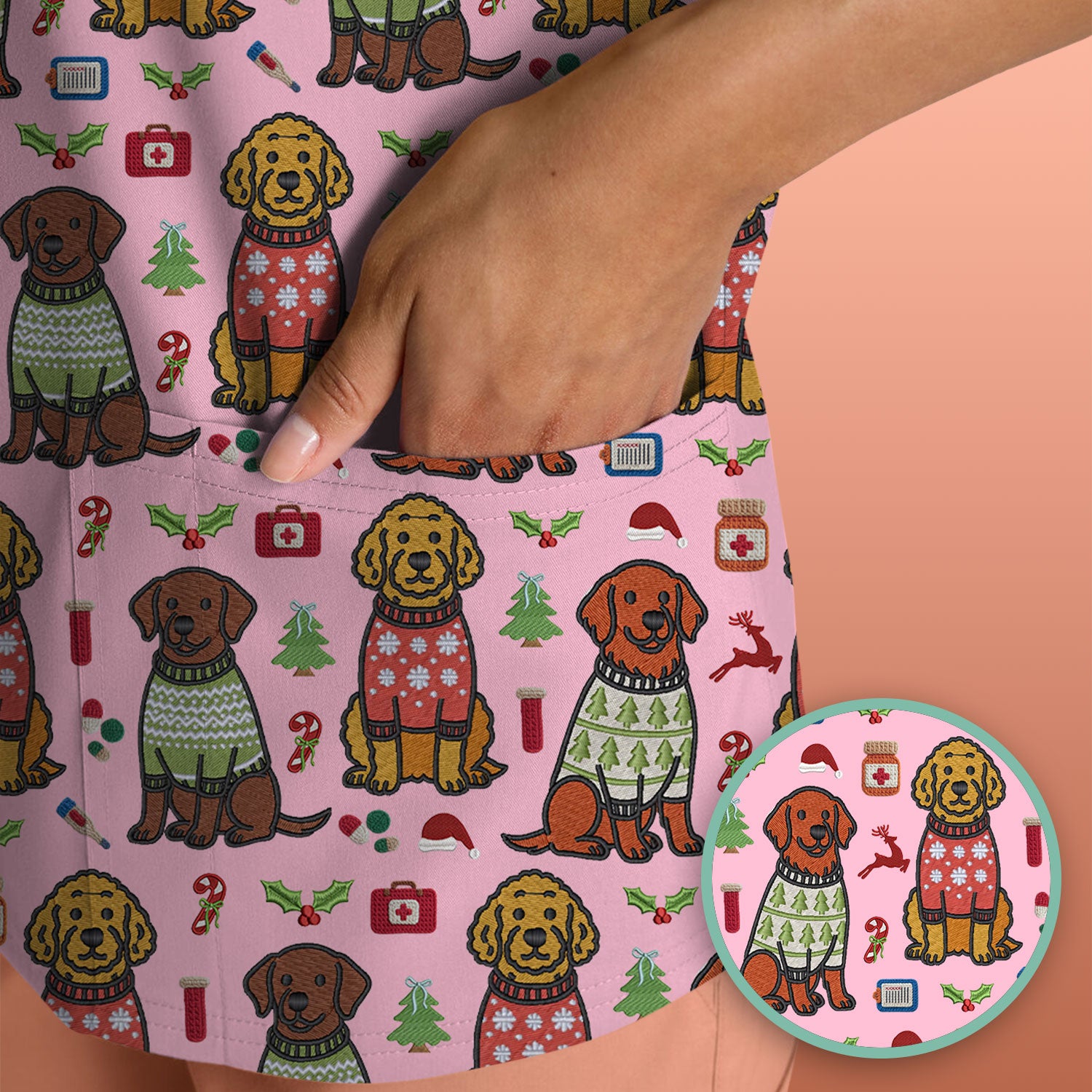 Golden Retriever Christmas Scrub Top, Cute Holiday Dog Nurse Pattern Shirt, Breathable Fabrics Nursing Uniform