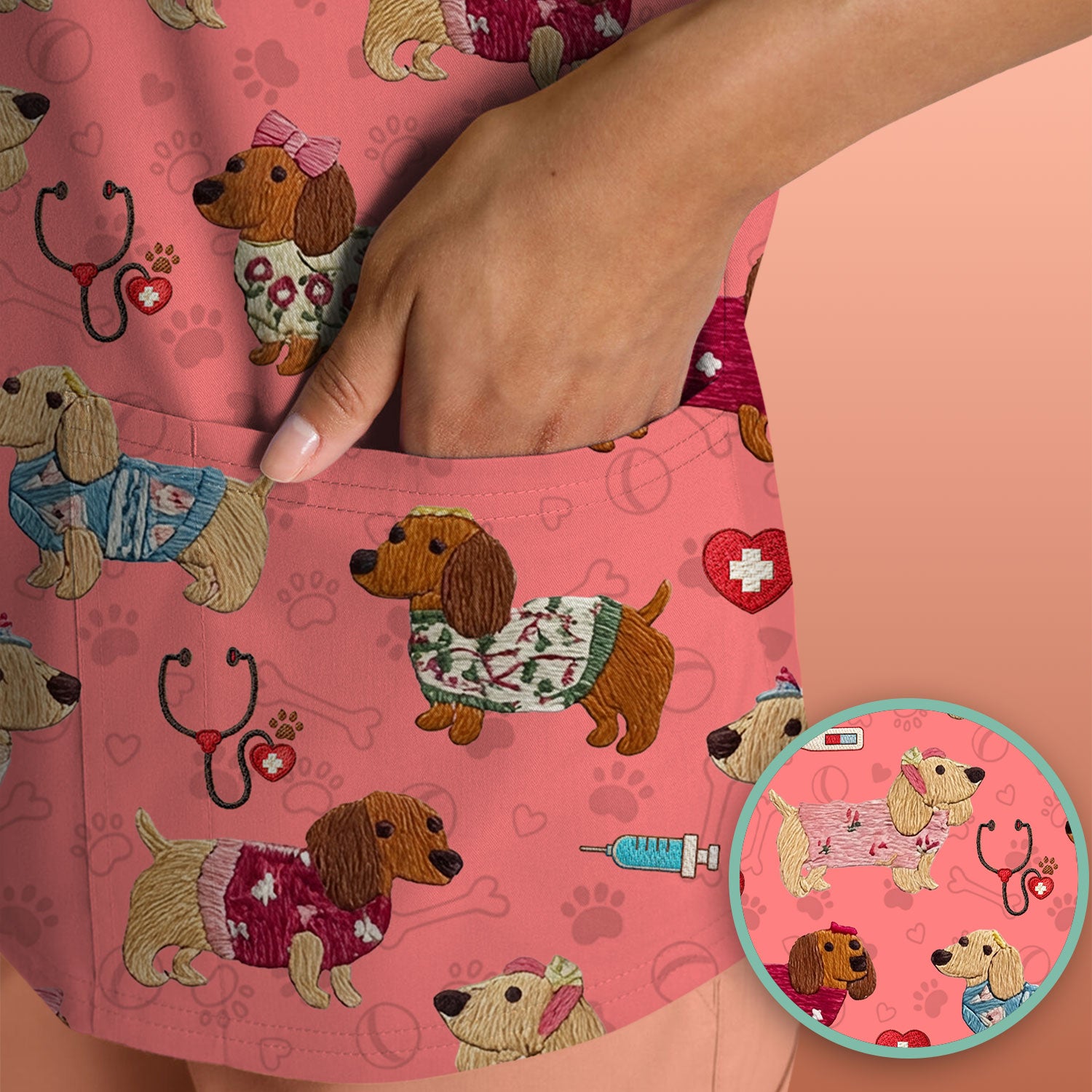 Cute Medical Wiener Dog Pattern Nurse Shirt, Dachshund Nursing Scrub Top, Breathable Fabrics Nursing Uniform