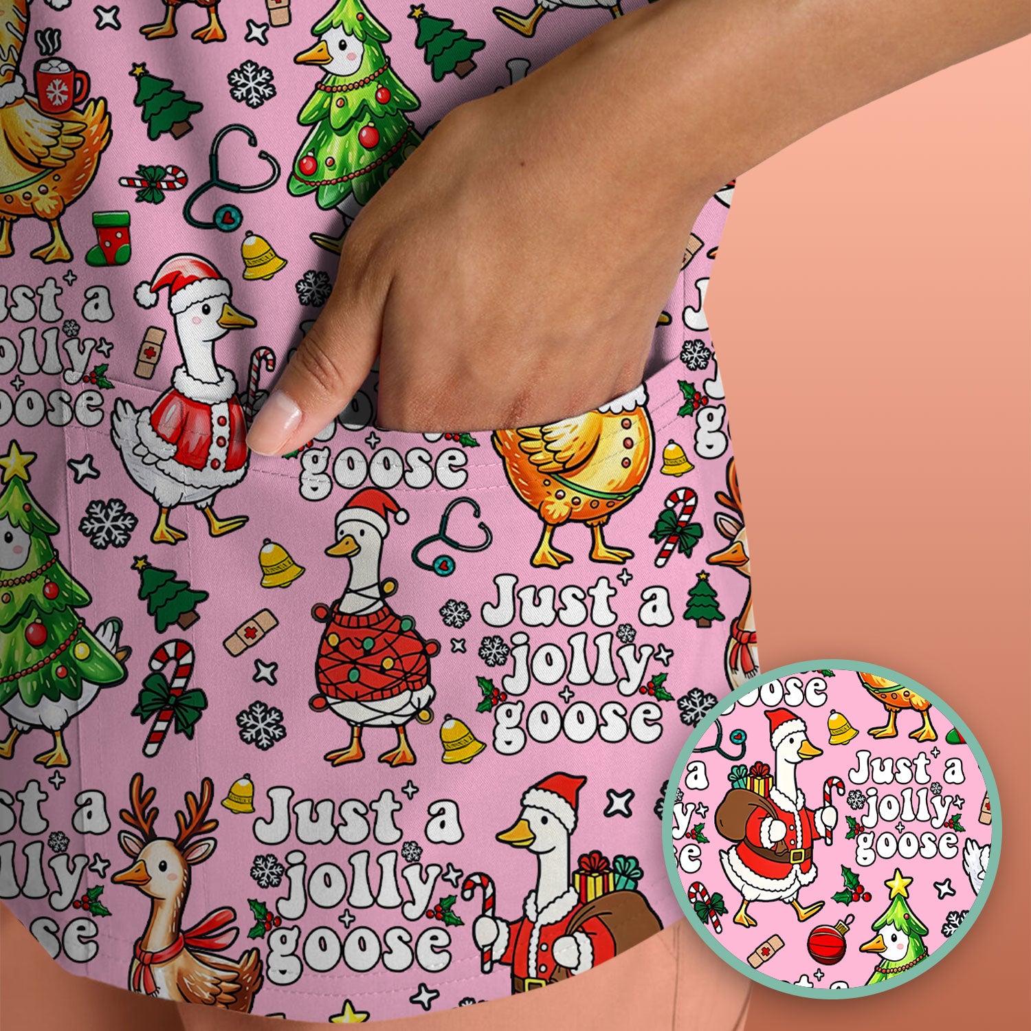 Christmas Goose Scrub Top for Nurse - Funny Jolly Holiday Medical Shirt for Women