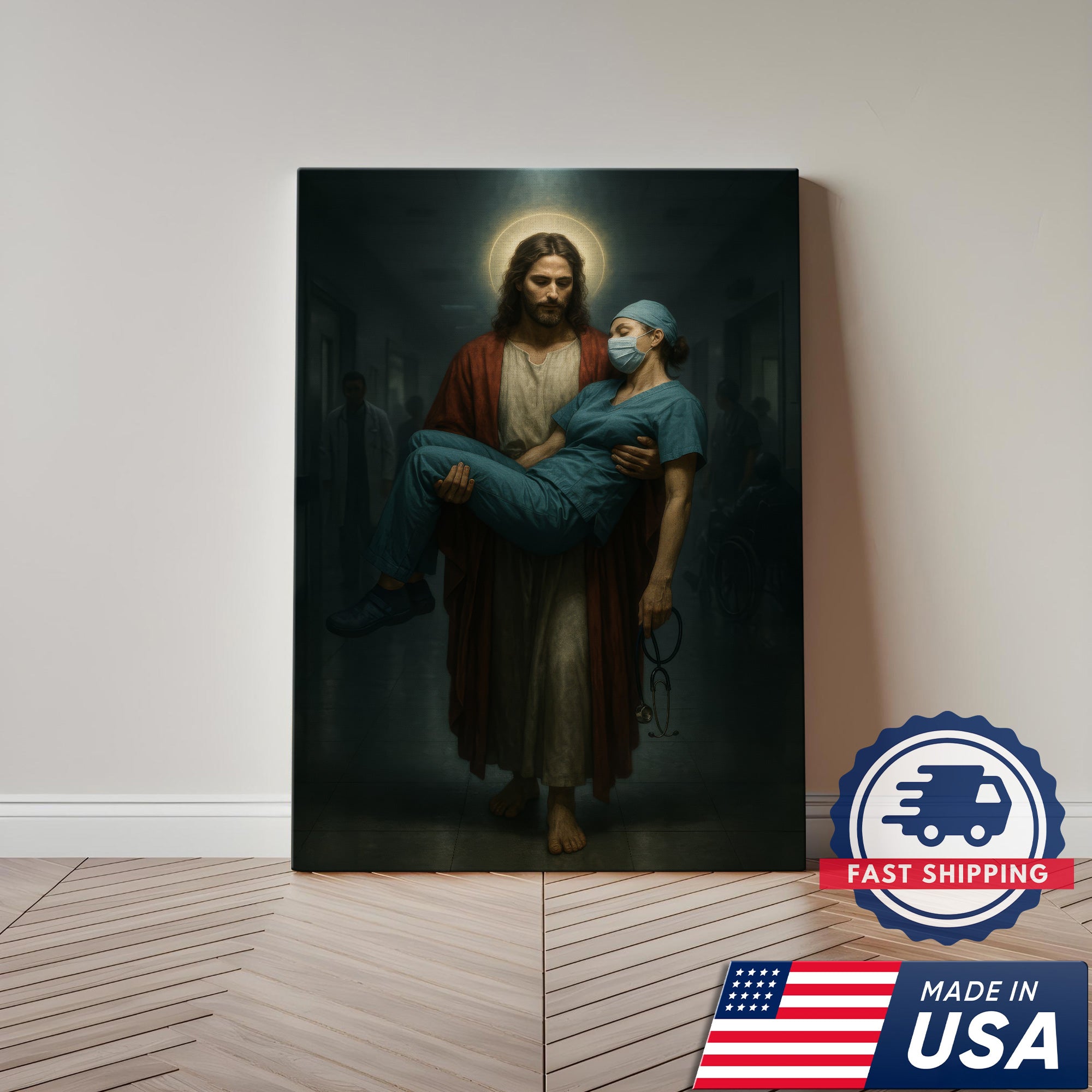 Jesus Carrying Nurse Canvas Wall Art, Christian Inspirational Gift, RN LPN CNA Gift