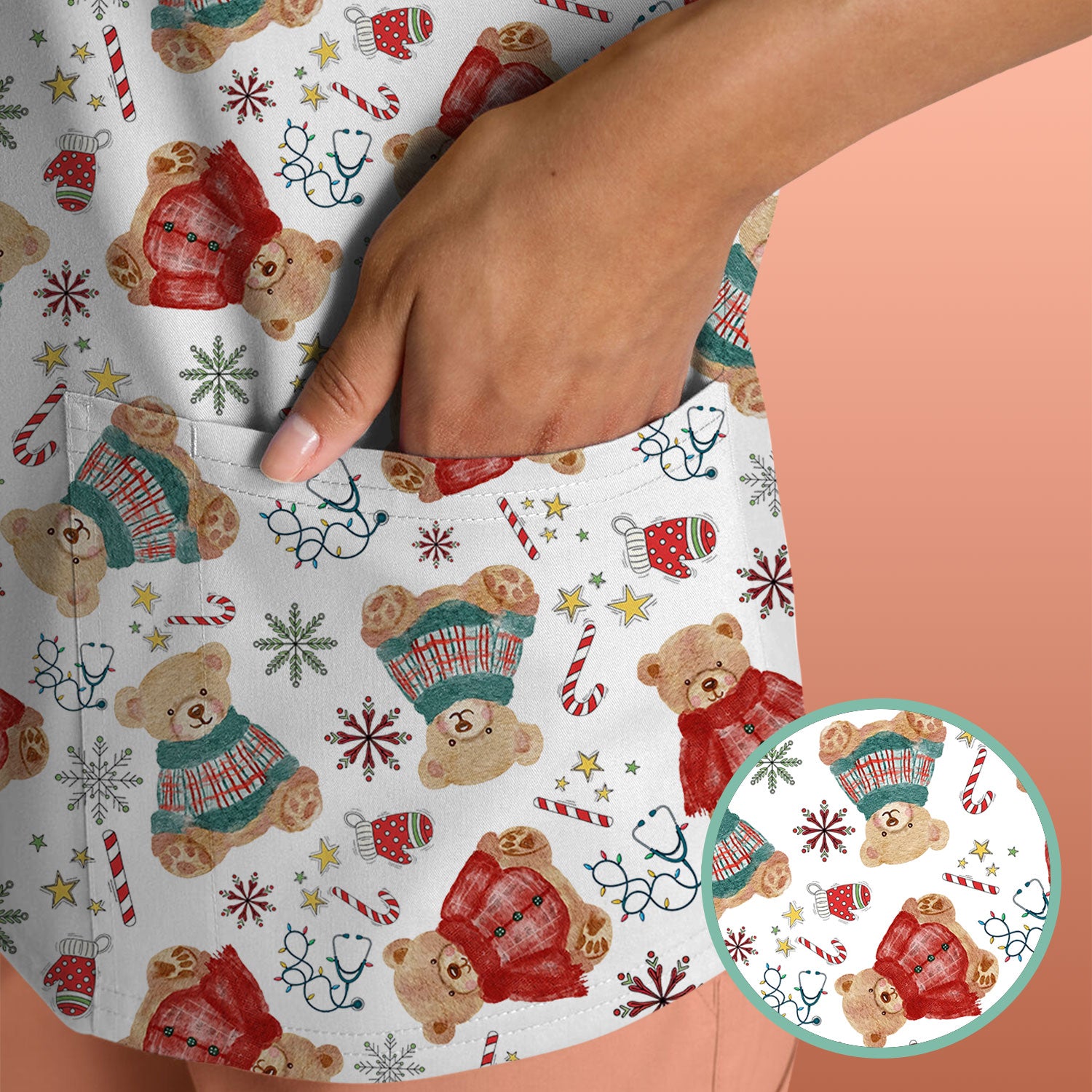 Funny Christmas Scrub Shirt - Cute Bear Winter Print Scrubs - Holiday Medical Scrub Top Gift for Women, Men, CNA RN, Doctor Nurse Christmas Outfit
