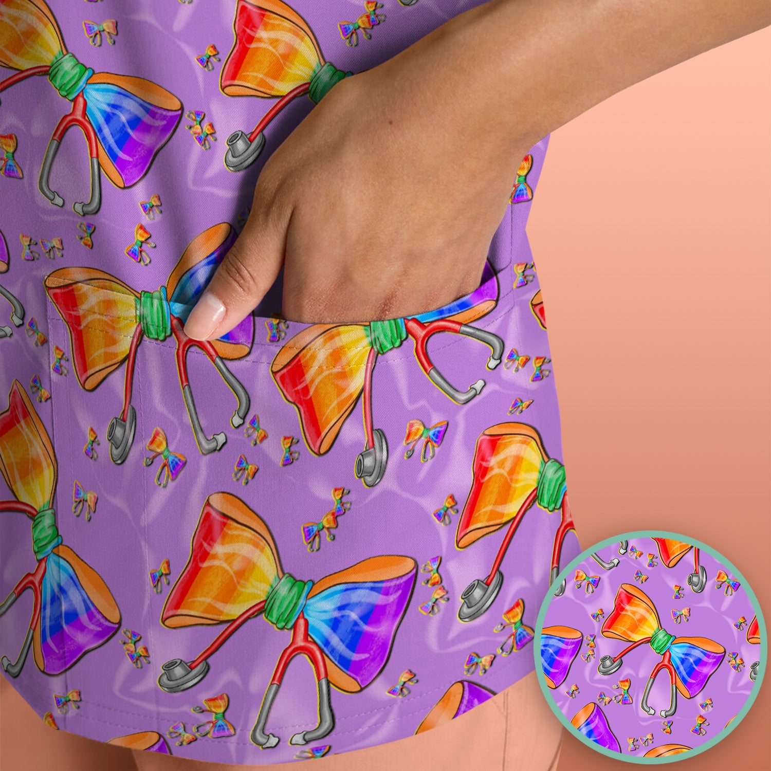 Colorful Rainbow Bow Stethoscope Pattern Scrub Top, Breathable Fabrics Nursing Uniform