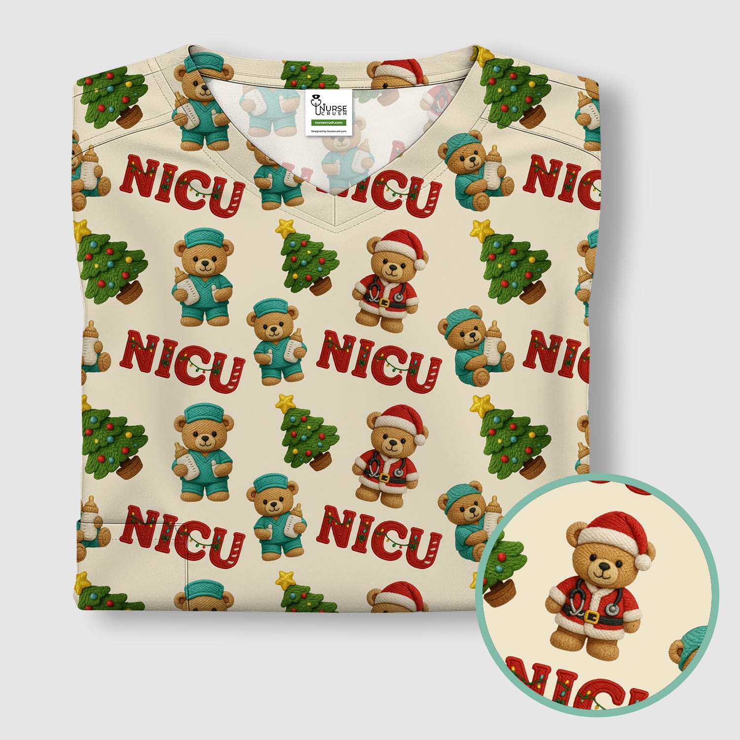 Festive Christmas NICU Nurse Teddy Bear Pattern, Breathable Fabrics Nursing Uniform
