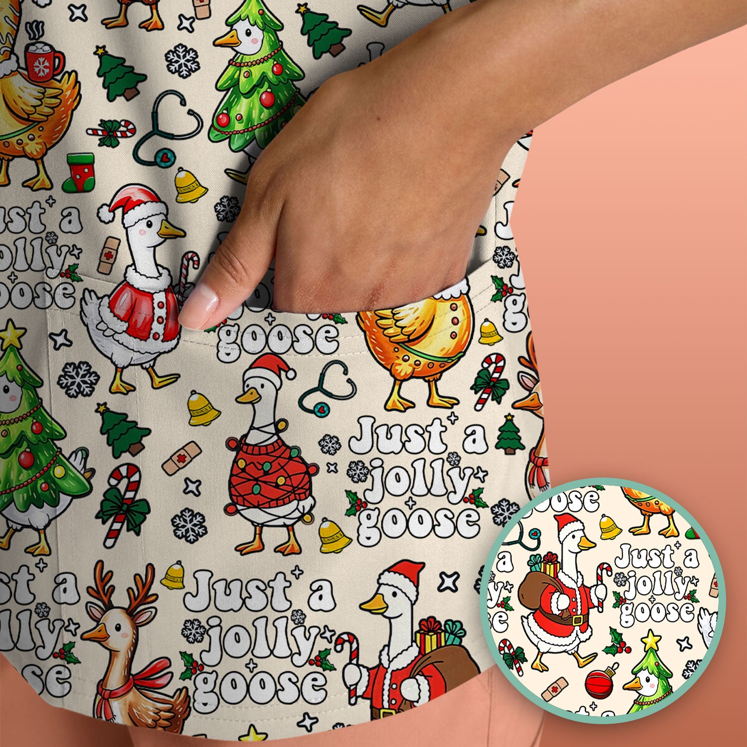 Christmas Goose Scrub Top for Nurse - Funny Jolly Holiday Medical Shirt for Women