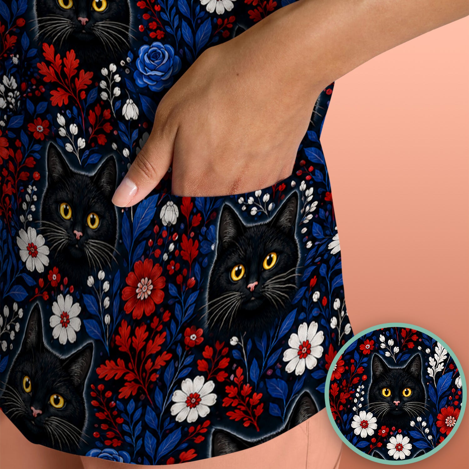 Black Cat Floral Nurse Scrub Top for RN, CNA, Veterinary Staff, Cat Lover Uniform