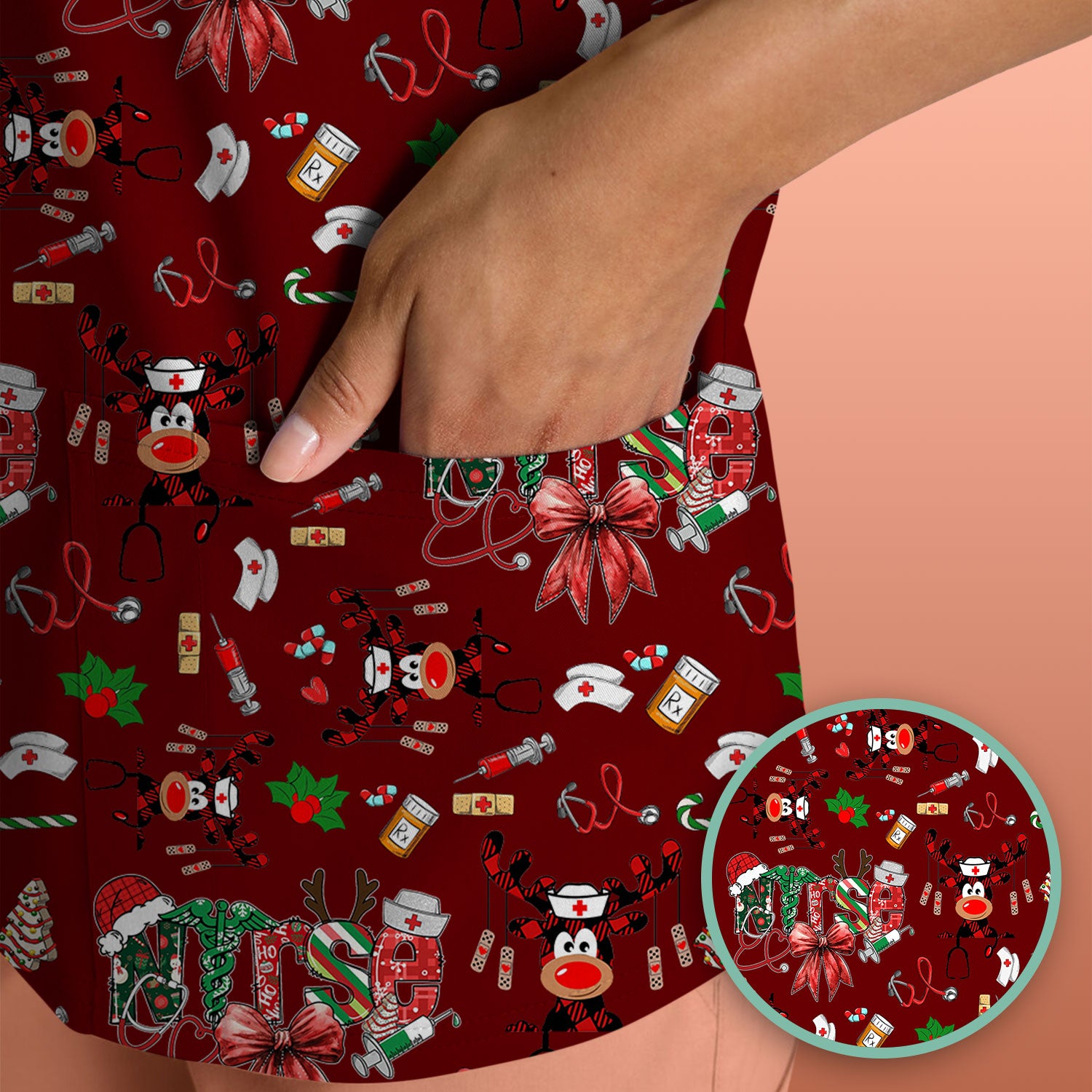 Whimsical Reindeer Christmas Scrub Top – Festive Holiday Reindeer Pattern – Cute Medical Uniform for Nurses, Vets and Healthcare Workers