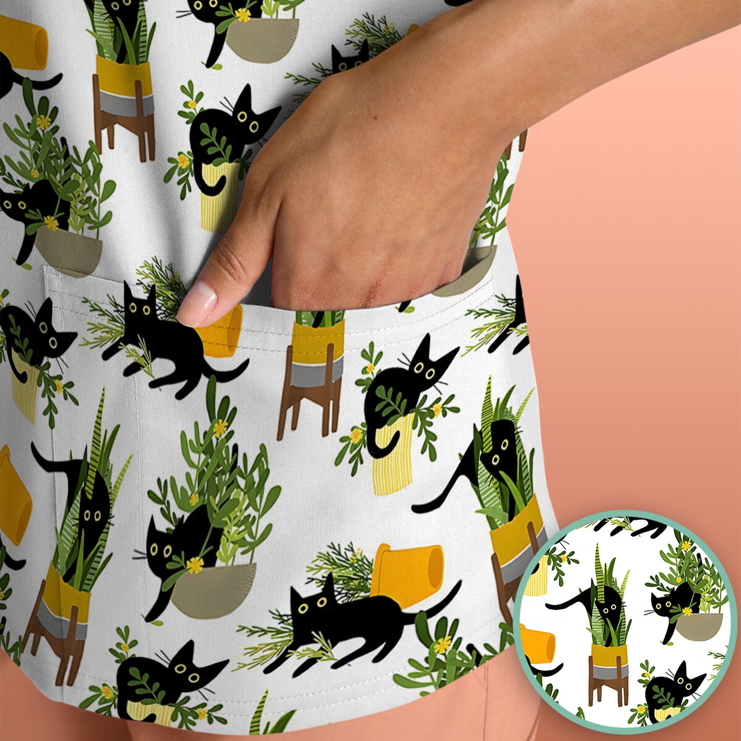 Black Cat Plant Pots Pattern Scrub Top, Comfortable Scrubs for Nurses