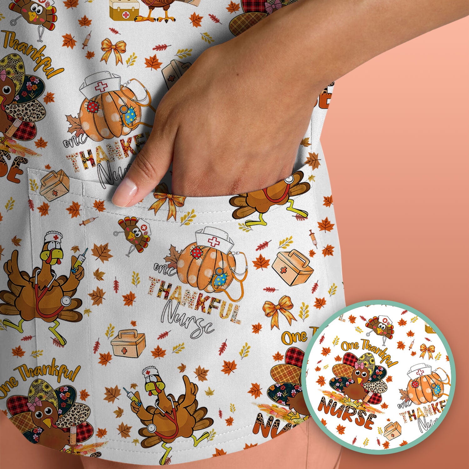 Thanksgiving Nurse Shirt for Women - Turkey Pumpkin Scrub Top for Nurses - Fall Med Uniform for RN CNA LPN