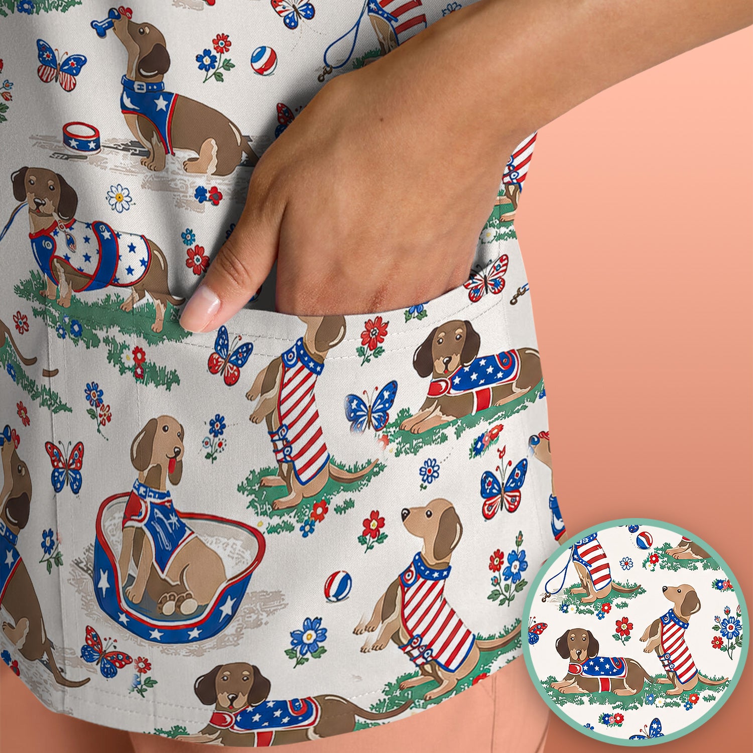 Patriotic Dachshund Garden Party Pattern Scrub Top, Comfortable Scrubs for Nurses