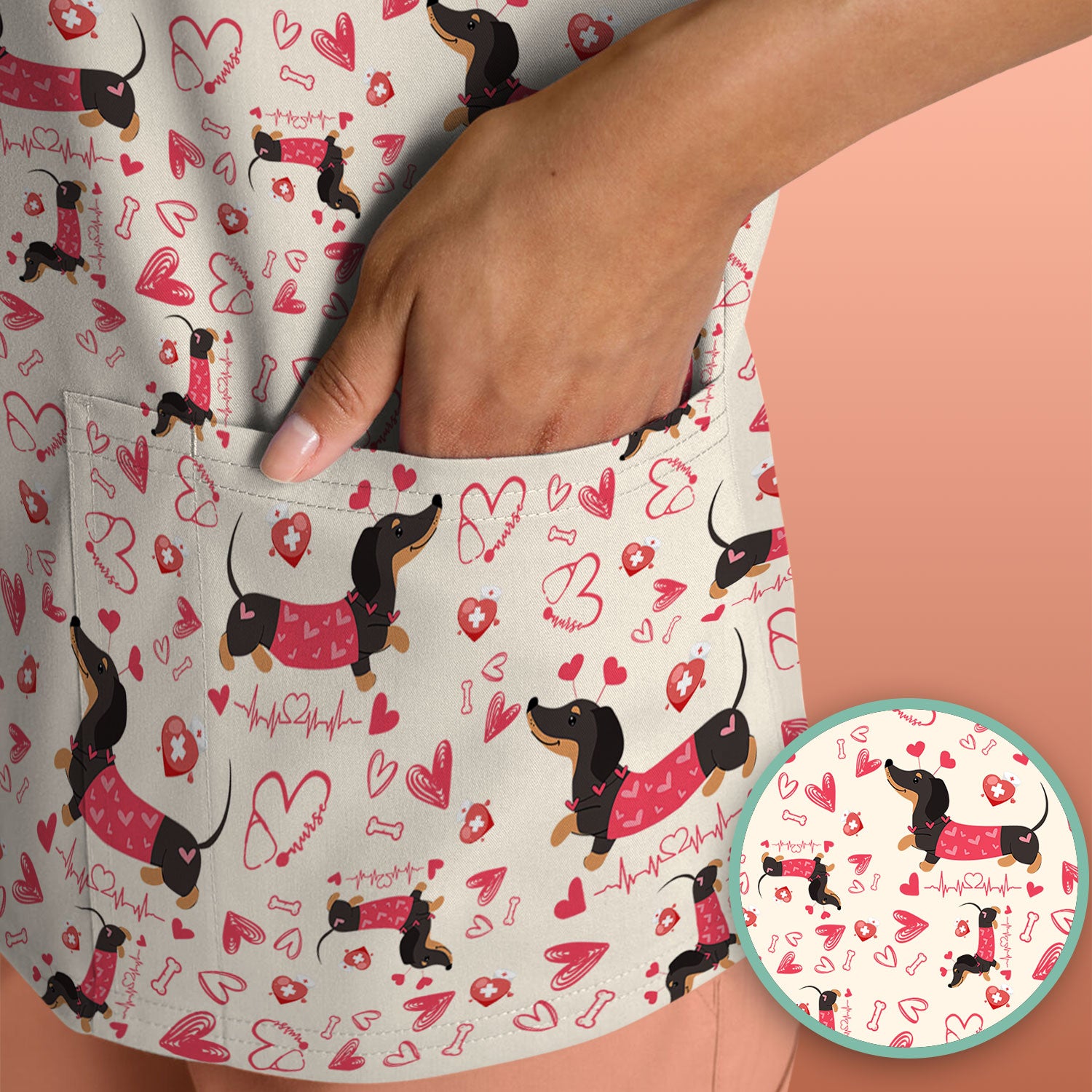 Dachshund Valentine Scrub Top, Cute Wiener Dog Heart Pattern Nurse Shirt, Breathable Fabrics Nursing Uniform