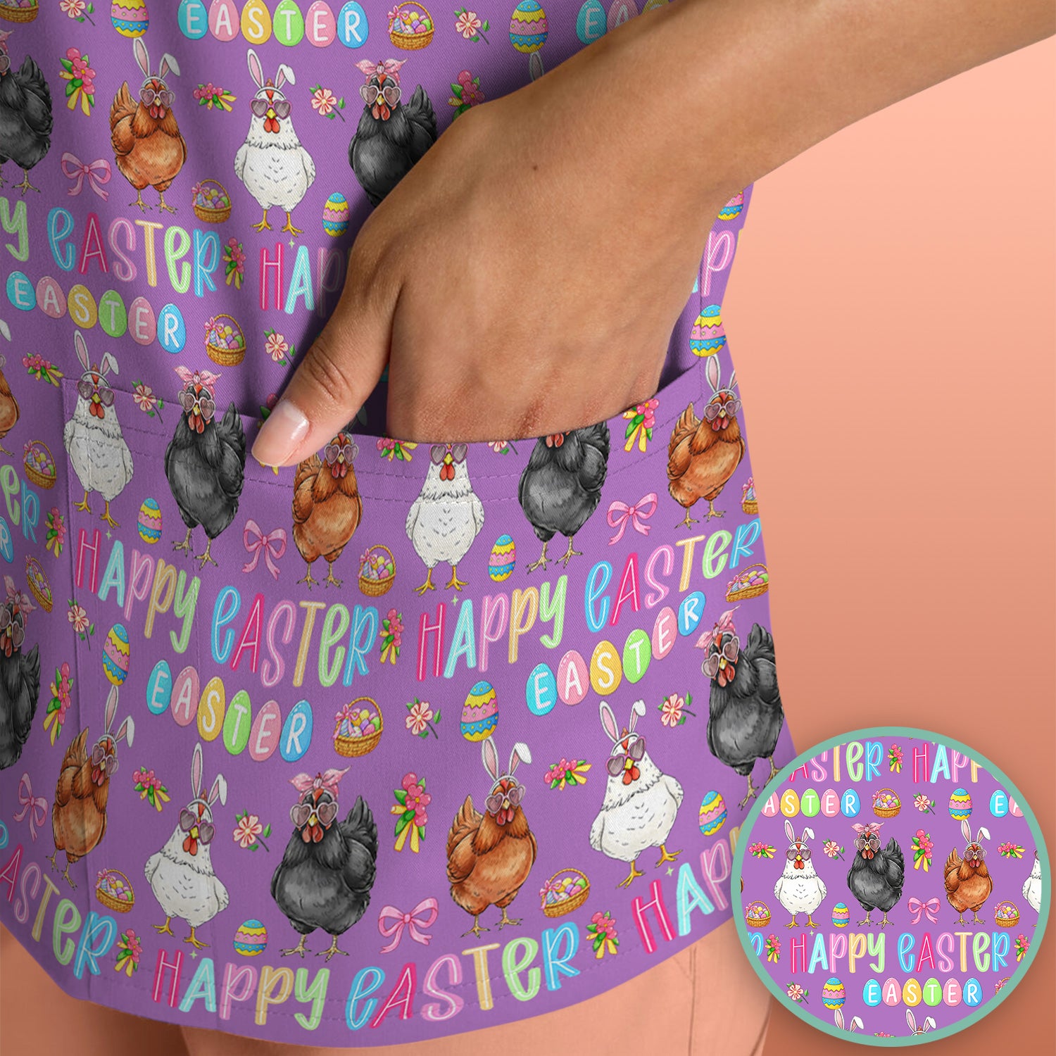 Happy Easter Bunny Eggs Pattern Scrubs Top, Comfortable Scrubs for Nurses